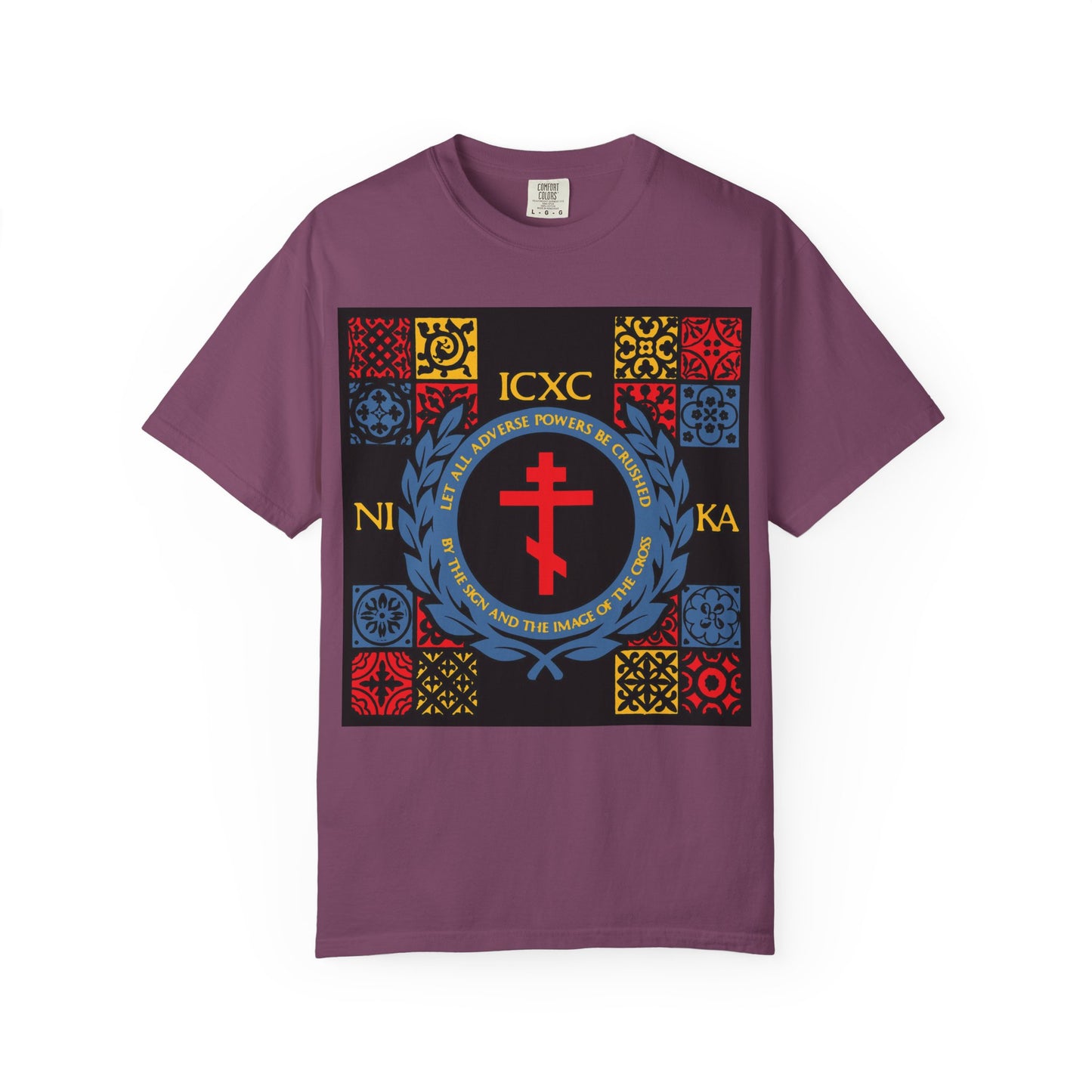 Berry t-shirt featuring the "Let All Adverse Powers Be Crushed" design, with a colorful red, yellow, and blue ICXC NIKA Byzantine-style cross and medieval tile patterns inspired by Katavasia hymns on the front.