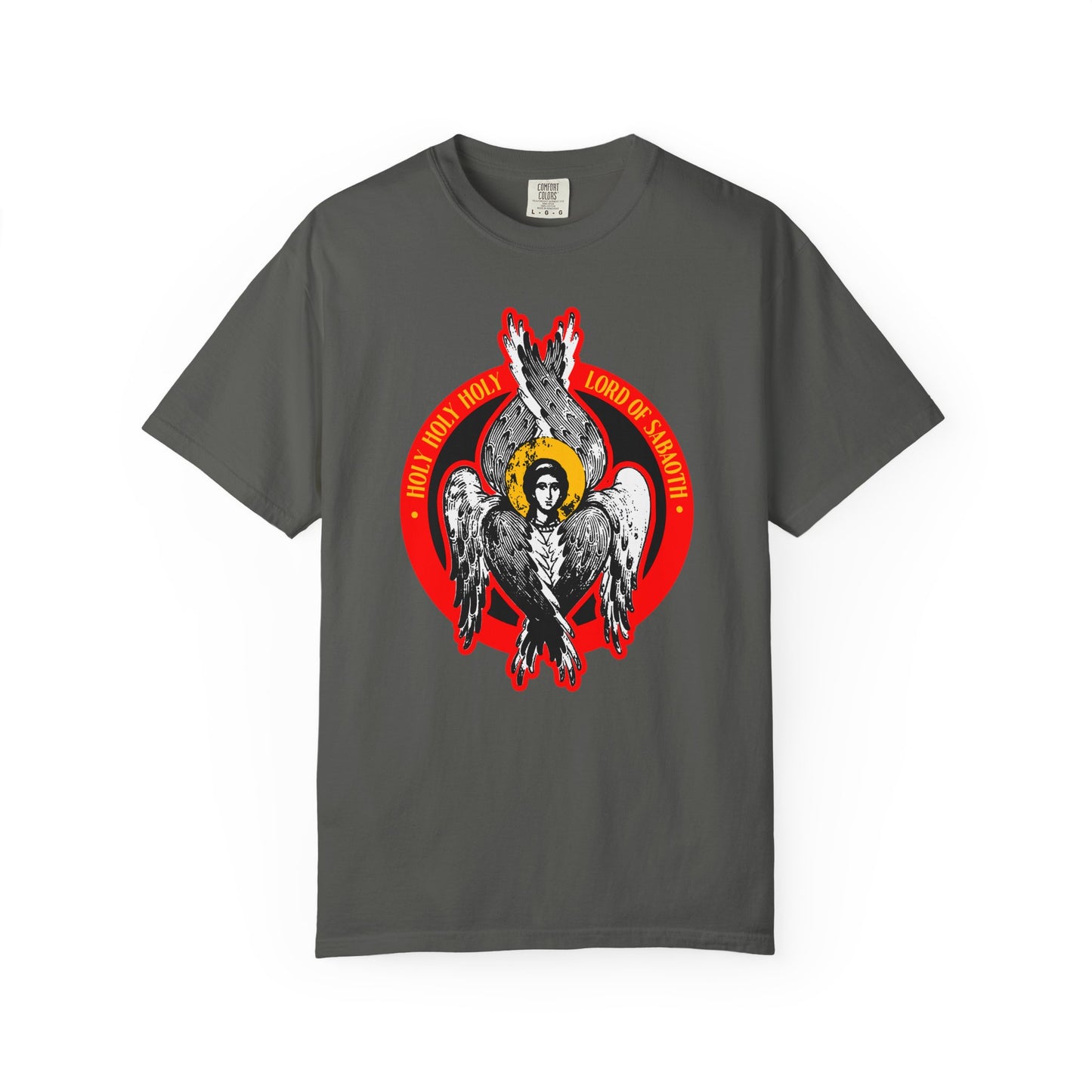 Pepper-colored heavyweight cotton tee featuring a six-winged seraphim graphic and the text “HOLY HOLY HOLY LORD OF SABAOTH” in a red circle, inspired by Isaiah 6. Unisex fit.