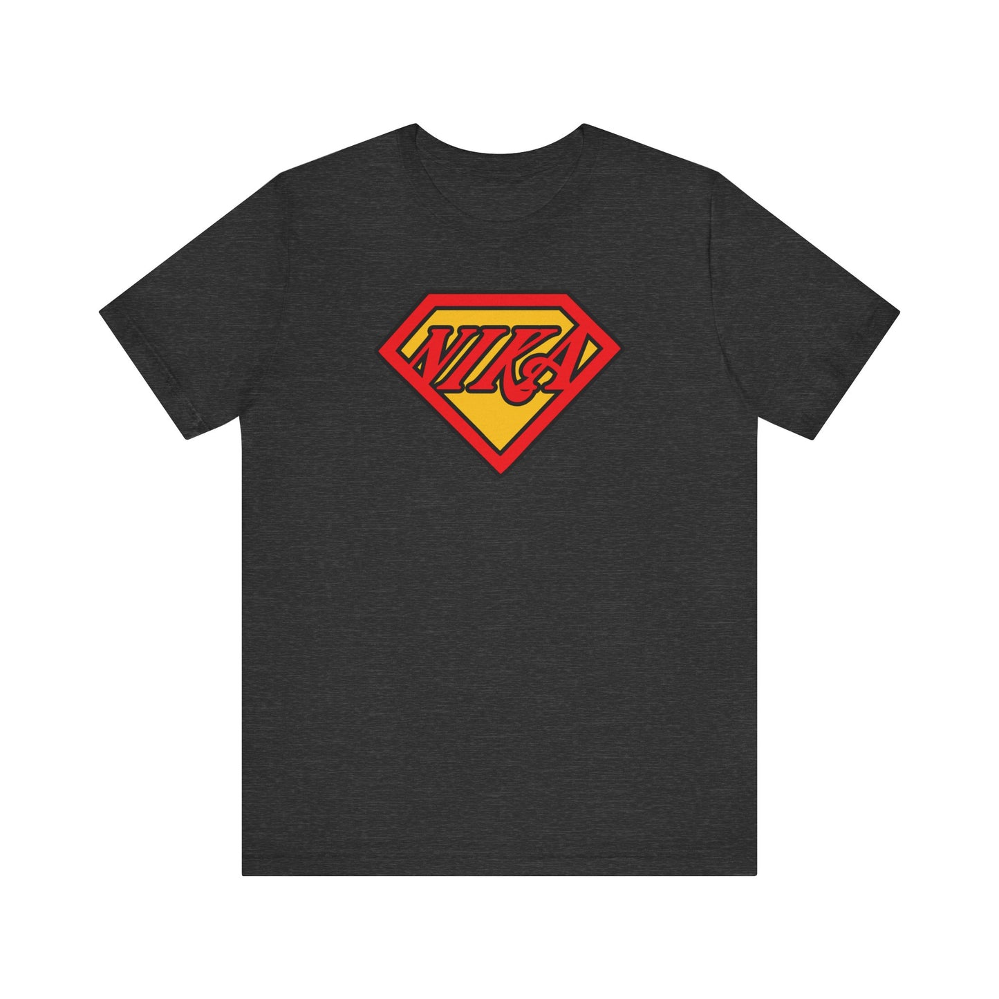 Dark Grey Heather t-shirt featuring the NIKA Superm@n Logo—a comic book pop culture and Orthodox Christian mashup design with the word NIKA in a bold shield, inspired by St John of Kronstadt’s reminder to conquer passions through faith. Crafted from lightweight cotton for a comfortable unisex fit.