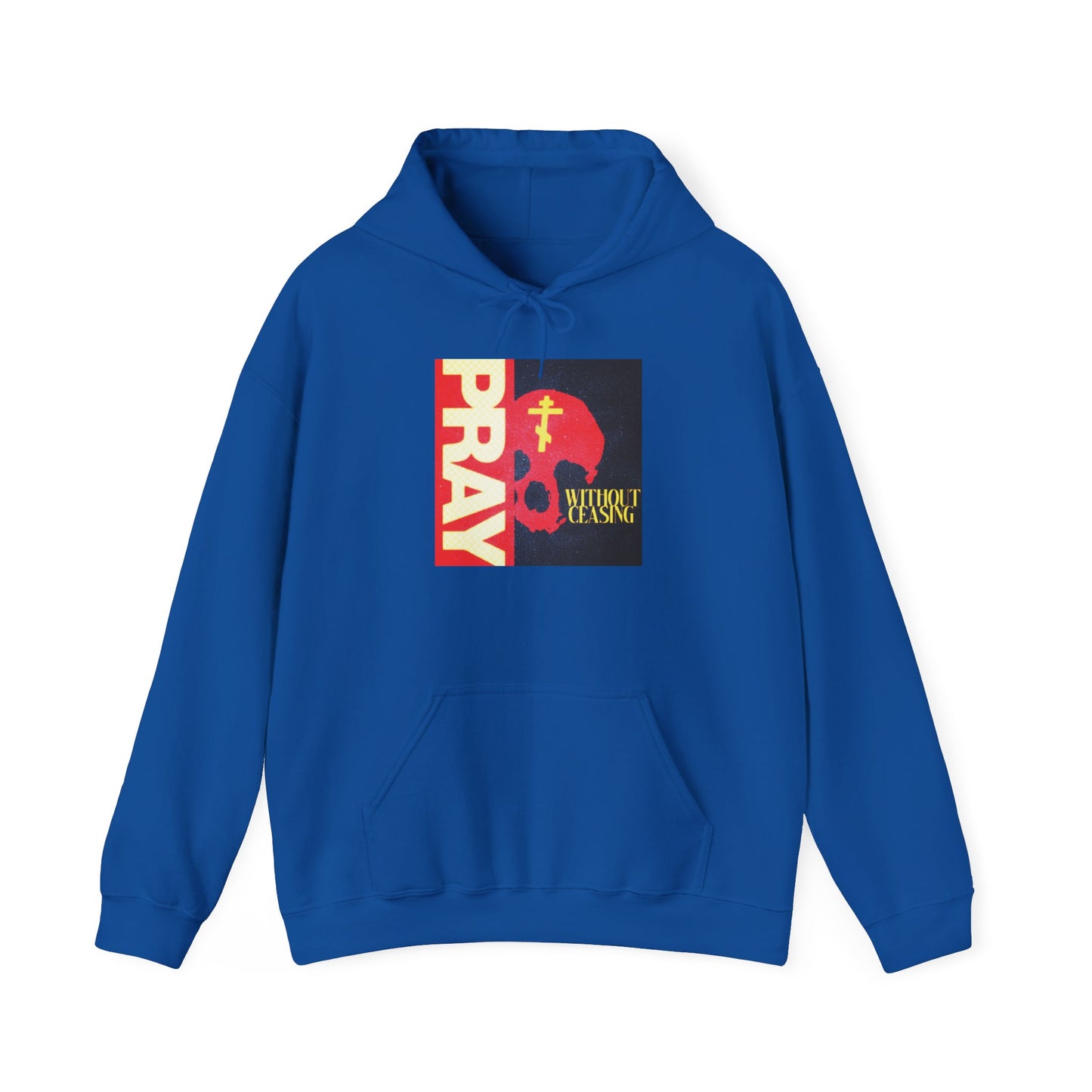 Pray Without Ceasing (1 Thess 5:16) | Red Skull w/ Yellow Orthodox Cross | Orthodox Christian Hoodie / Hooded Sweatshirt