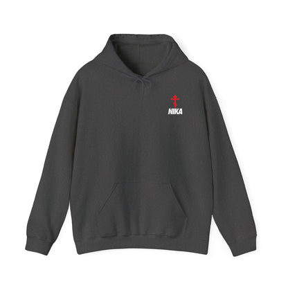 Dark Heather hoodie with a small red Orthodox cross and white "NIKA" text on the left chest, inspired by Christ's victory. Features a NIKE logo mashup for a unique Christian activewear style.