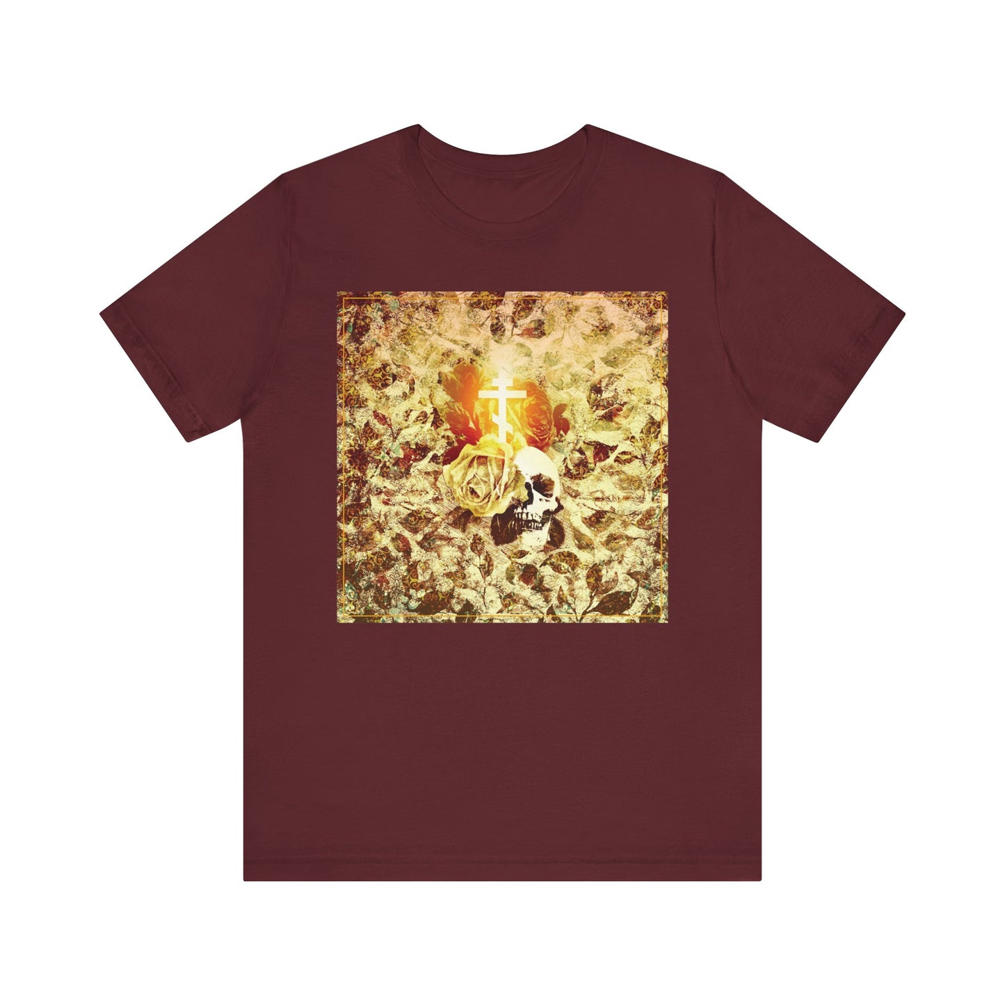 The maroon Rose & Skull Glowing Orthodox Cross tee features a white cross, yellow rose, and skull on a gold floral texture—blending Gothic Christian aesthetic with Ezekiel’s prophecy. Lightweight cotton, unisex fit.
