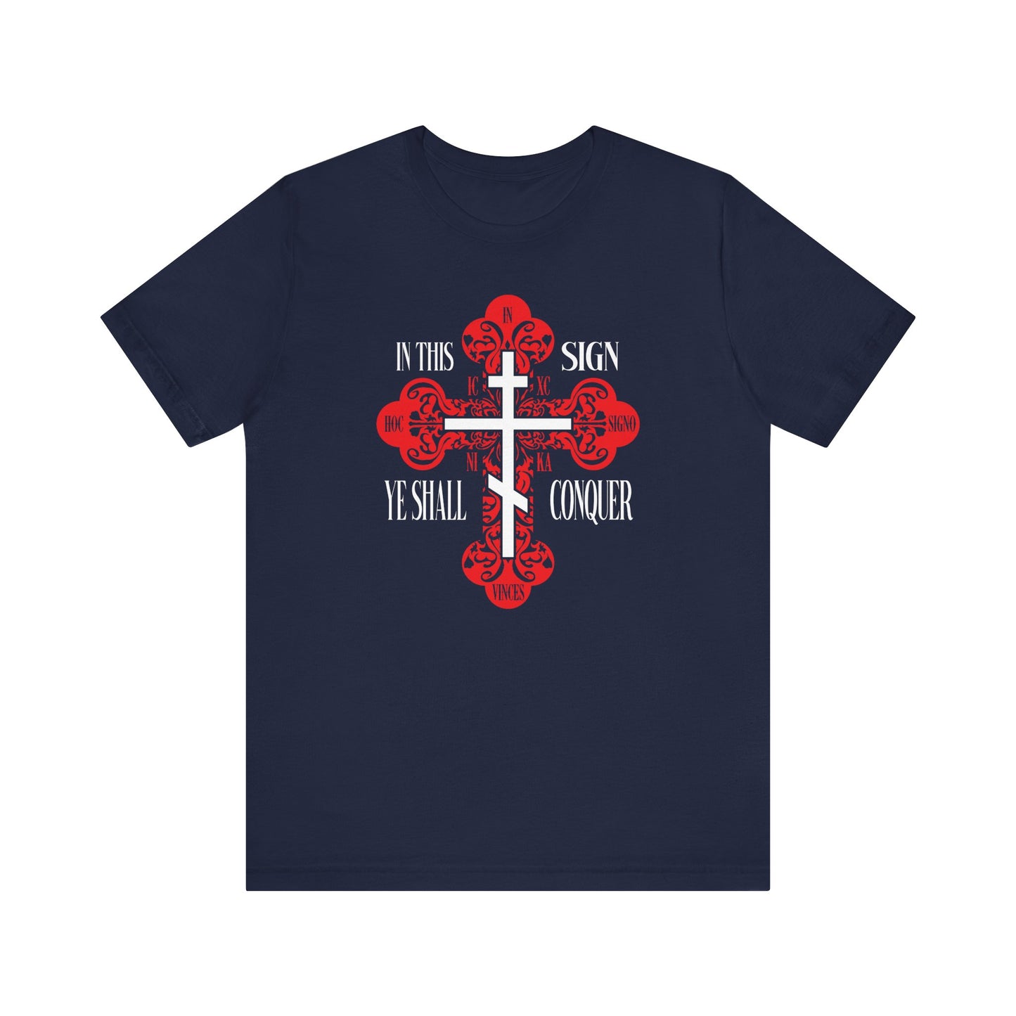 Navy blue unisex tee featuring a red ornate Orthodox cross and "In This Sign Ye Shall Conquer" design, inspired by tradition. Lightweight cotton.