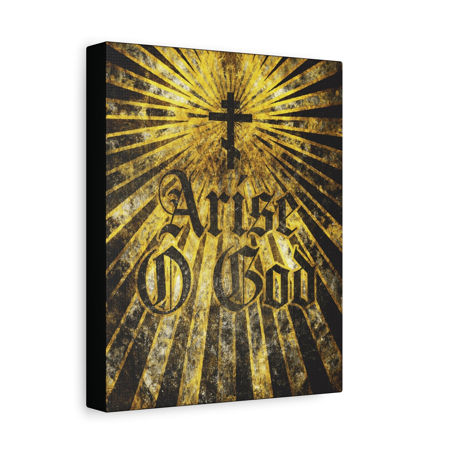 Arise O God | Psalm 81 (82 LXX): Orthodox Christian wall art features a black Orthodox cross above textured Gothic font, with golden rays inspired by the Divine Council worldview, perfect for faith-filled decor.