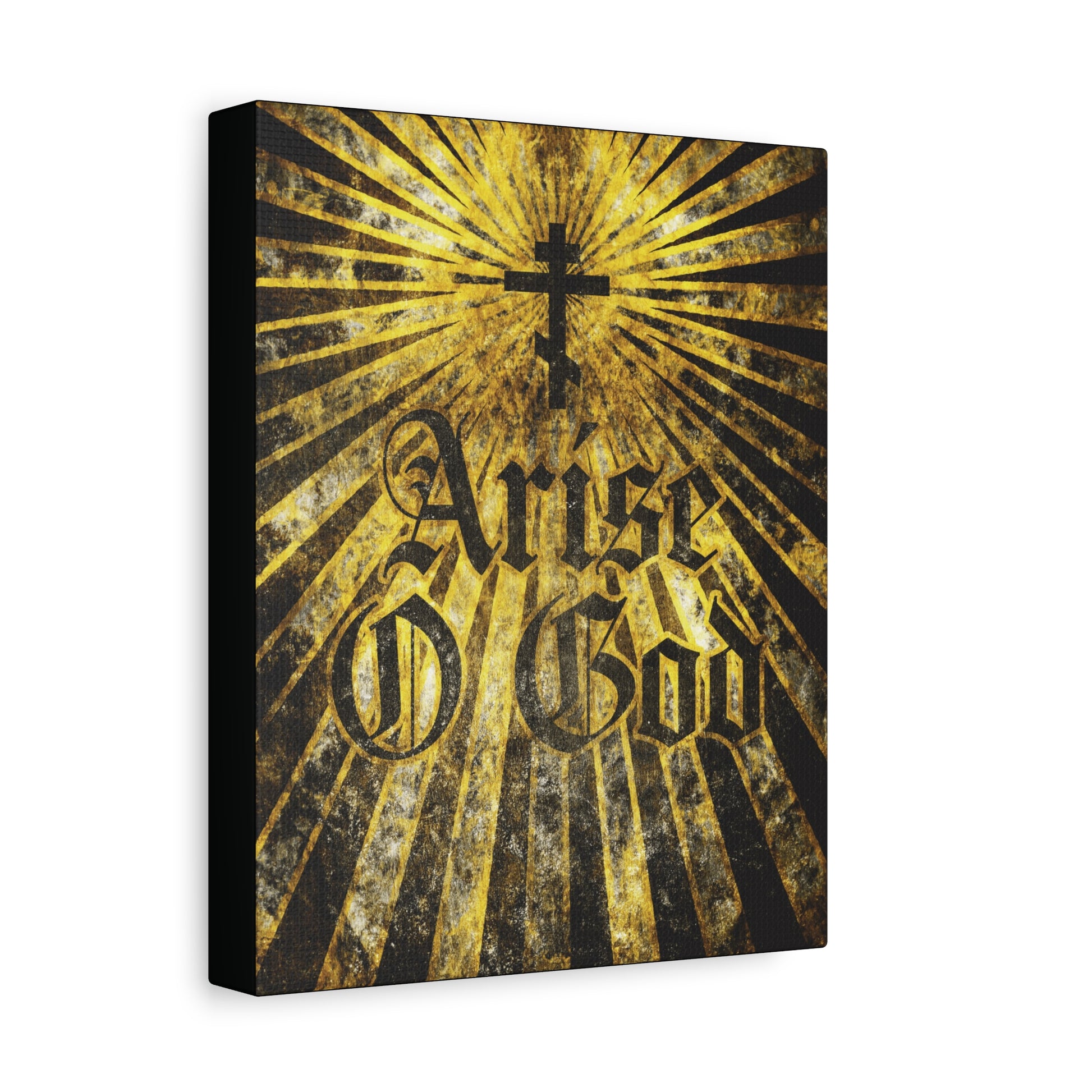Arise O God | Psalm 81 (82 LXX): Orthodox Christian wall art features a black Orthodox cross above textured Gothic font, with golden rays inspired by the Divine Council worldview, perfect for faith-filled decor.