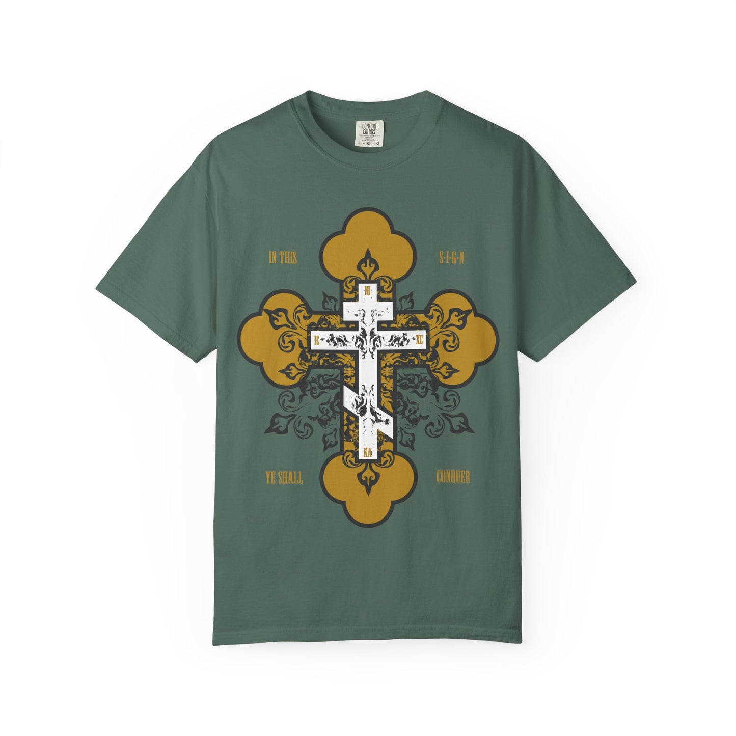 Blue spruce t-shirt featuring an ornate gold and white Orthodox cross with the text "In This Sign Ye Shall Conquer / In Hoc Signo Vinces." This heavyweight cotton unisex tee is a Christian inspirational shirt, perfect for expressing your faith in style.