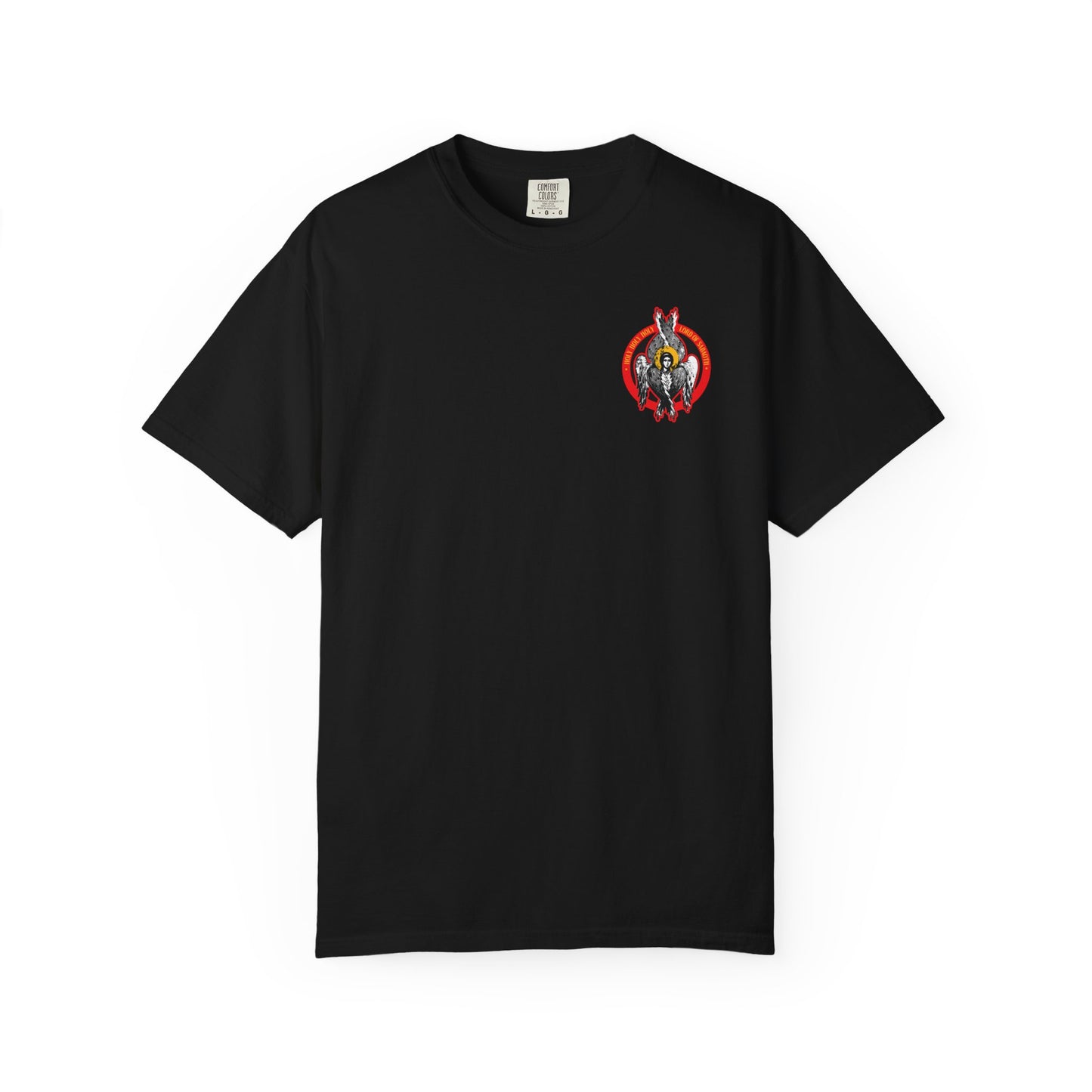 Black "Holy Holy Holy Seraphim Angel Icono-Graphic" unisex tee in heavyweight cotton, featuring a small, colorful seraphim graphic inside a red circle on the left chest.