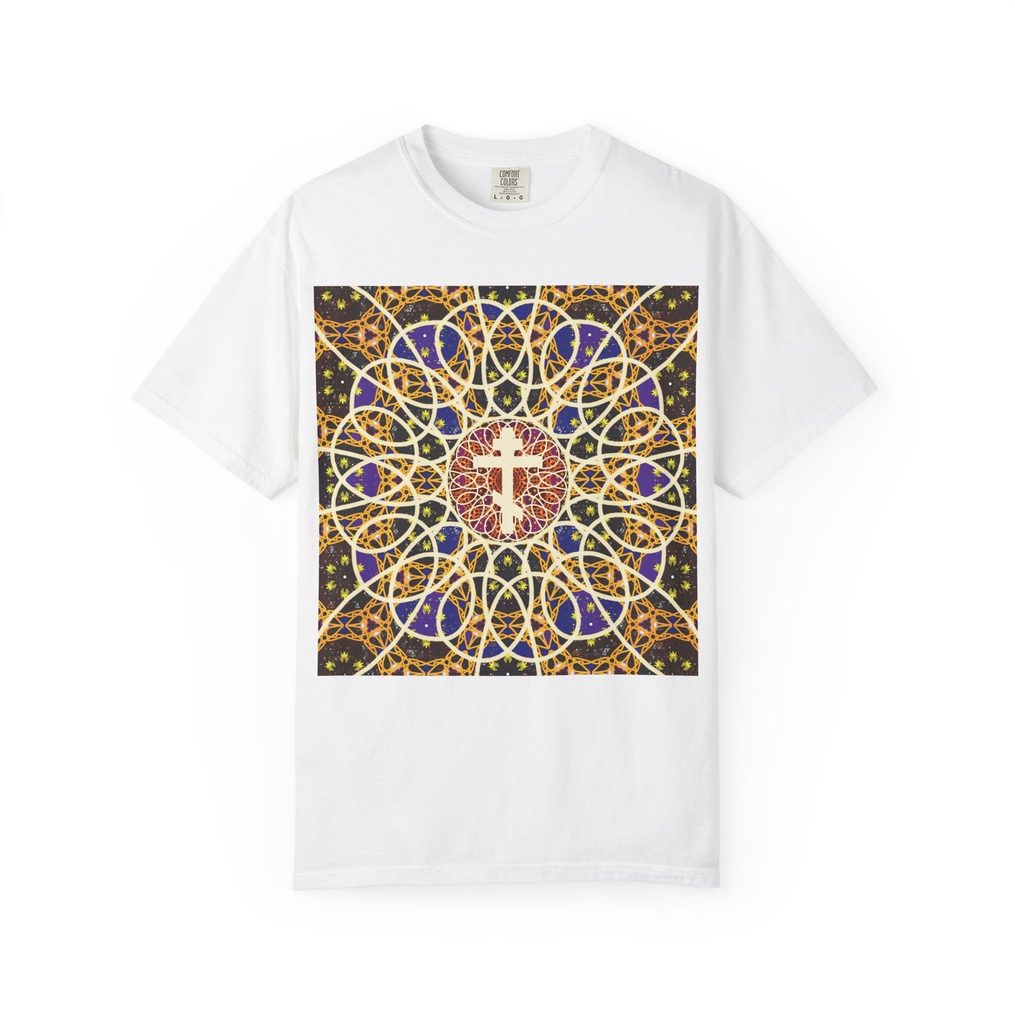 White “Medieval Cosmology Rose Window Orthodox Cross” heavyweight cotton unisex T-shirt featuring a vibrant, intricate stained glass window design with a central Orthodox cross on the front, inspired by the radiant beauty of Tone 6 Sunday Matins and symbolizing the timeless robe of incorruption.