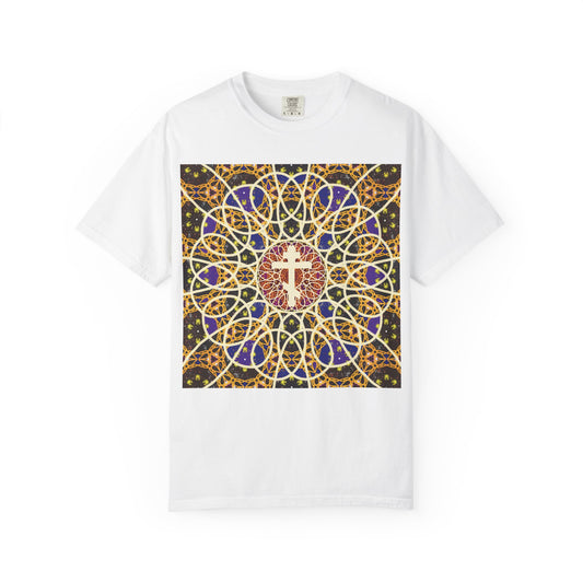 White “Medieval Cosmology Rose Window Orthodox Cross” heavyweight cotton unisex T-shirt featuring a vibrant, intricate stained glass window design with a central Orthodox cross on the front, inspired by the radiant beauty of Tone 6 Sunday Matins and symbolizing the timeless robe of incorruption.