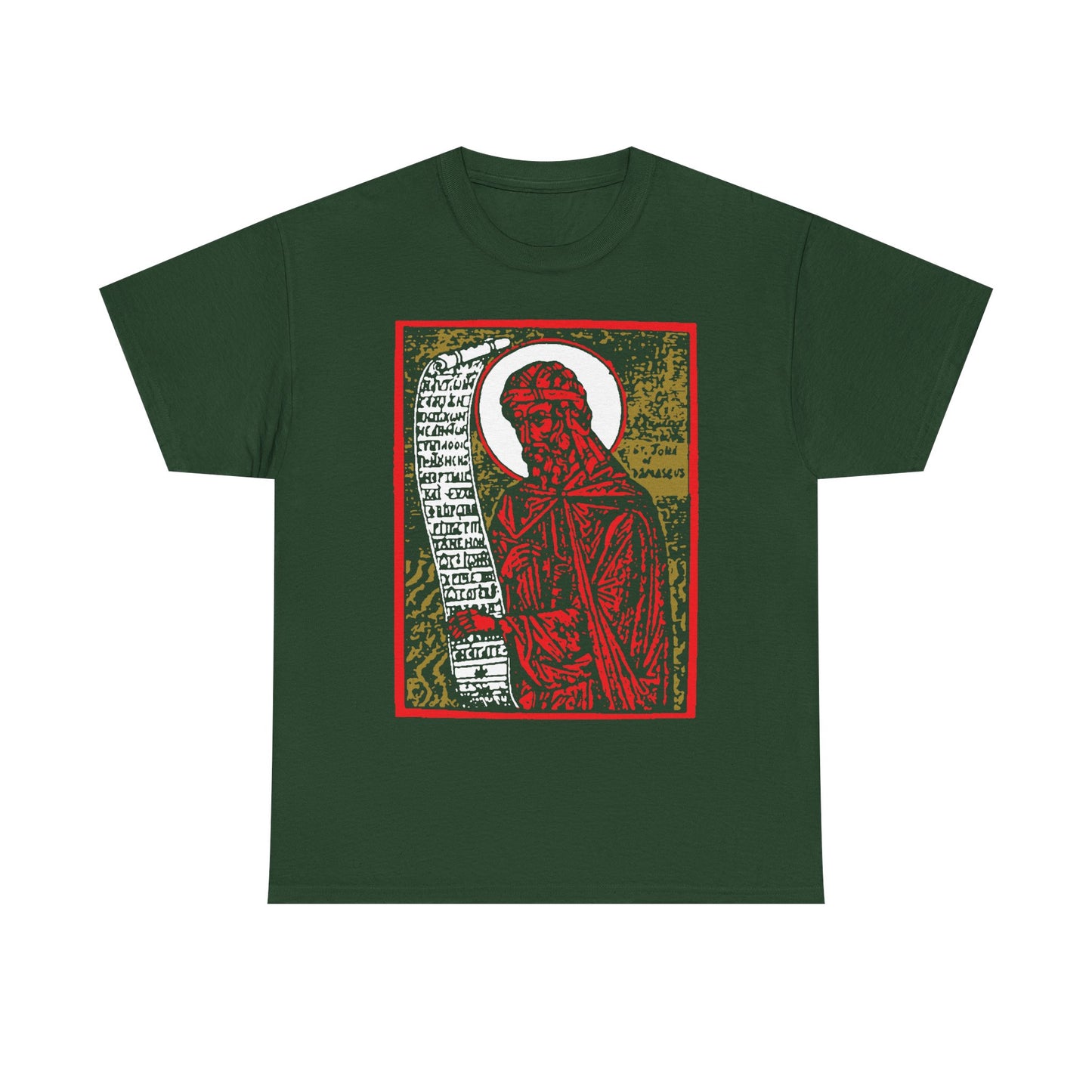 Forest green St. John of Damascus Icono-Graphic tee in midweight cotton features a high-contrast red, gold, and black Orthodox Christian saint design with abstract elements and hymn-inspired text on the front.