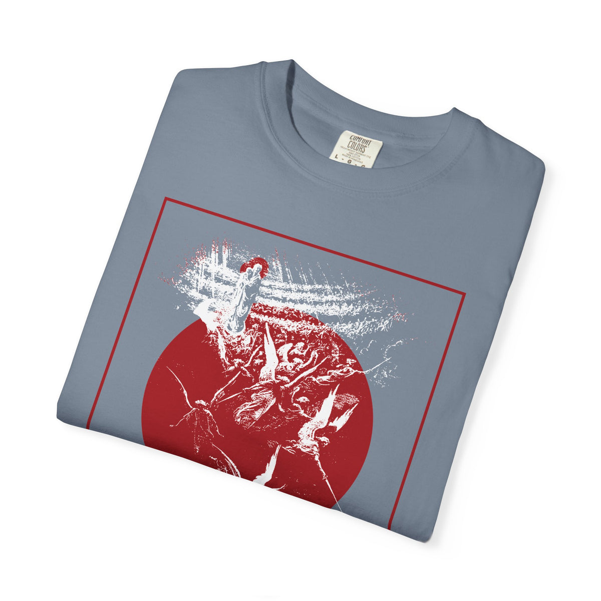 Infinite Benevolence Will Seem Menacing to the Unrepentant t-shirt: blue with a red-framed Gustav Doré-style etching.