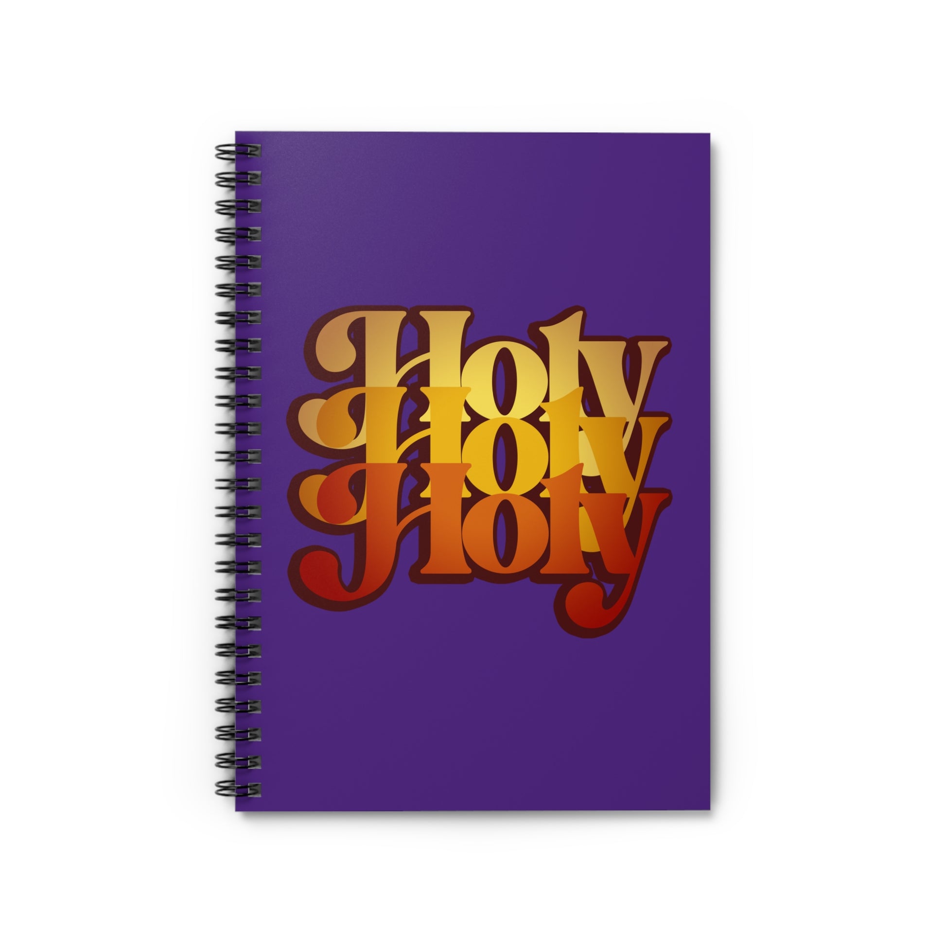 A purple spiral notebook featuring "Holy Holy Holy" in bold, layered orange and yellow text, inspired by Isaiah 6:1-3. Trisagion liturgical prayer design in 70s style with Cherubim & Seraphim for Orthodox Christians.