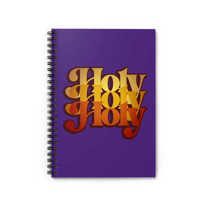 A purple spiral notebook featuring "Holy Holy Holy" in bold, layered orange and yellow text, inspired by Isaiah 6:1-3. Trisagion liturgical prayer design in 70s style with Cherubim & Seraphim for Orthodox Christians.