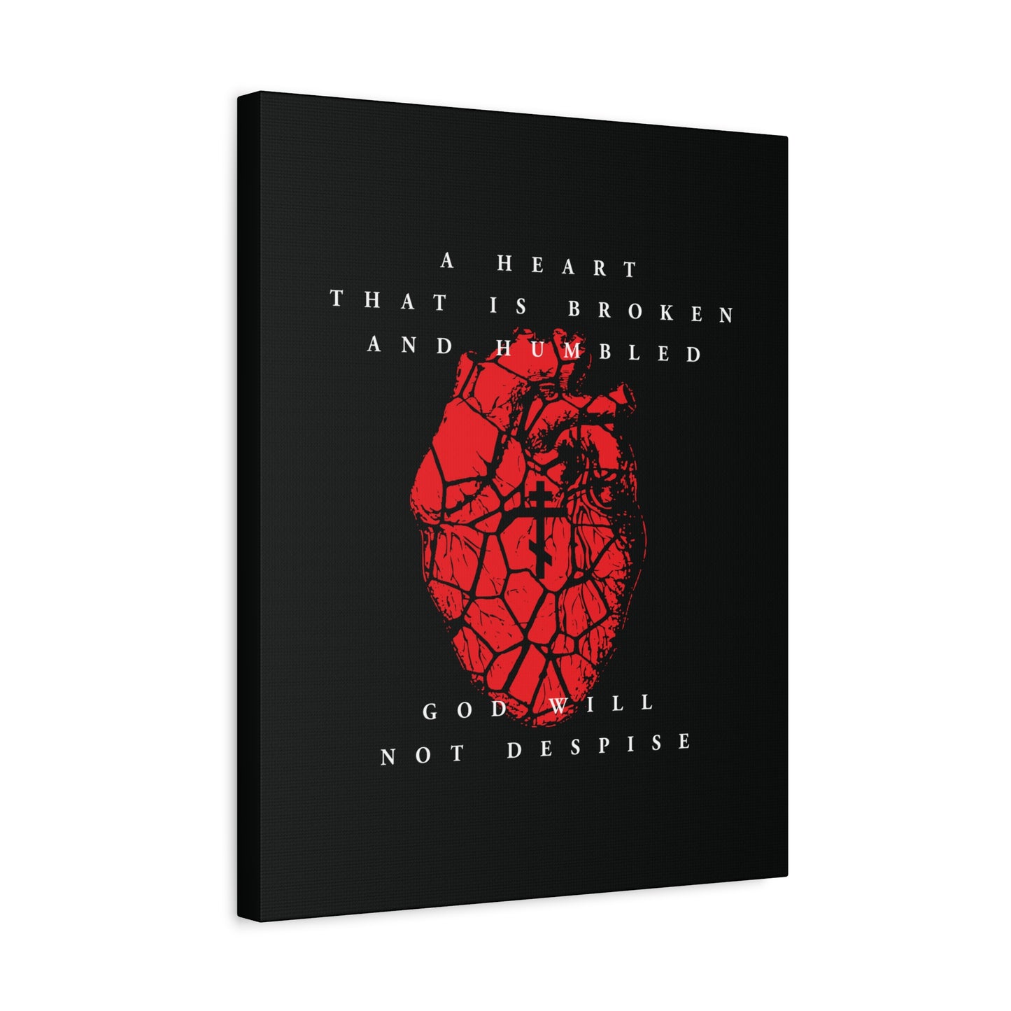 A Heart That is Broken and Humbled God Will Not Despise—Christian canvas art featuring a cracked red heart with an Orthodox cross, inspired by Psalm 51’s repentance prayer.