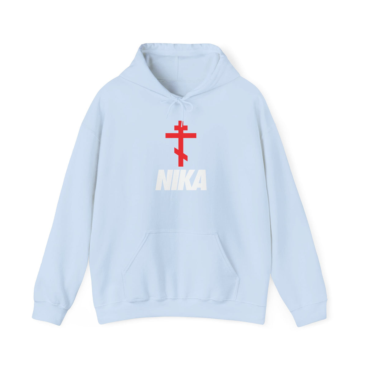 Light blue NIKA Orthodox Cross hoodie—a striking athletic ascetic piece inspired by Orthodox iconography, featuring a bold red Christogram above crisp white “NIKA” text on the front. This minimalist corporate sports logo mashup offers a unique take on Christian activewear fashion.