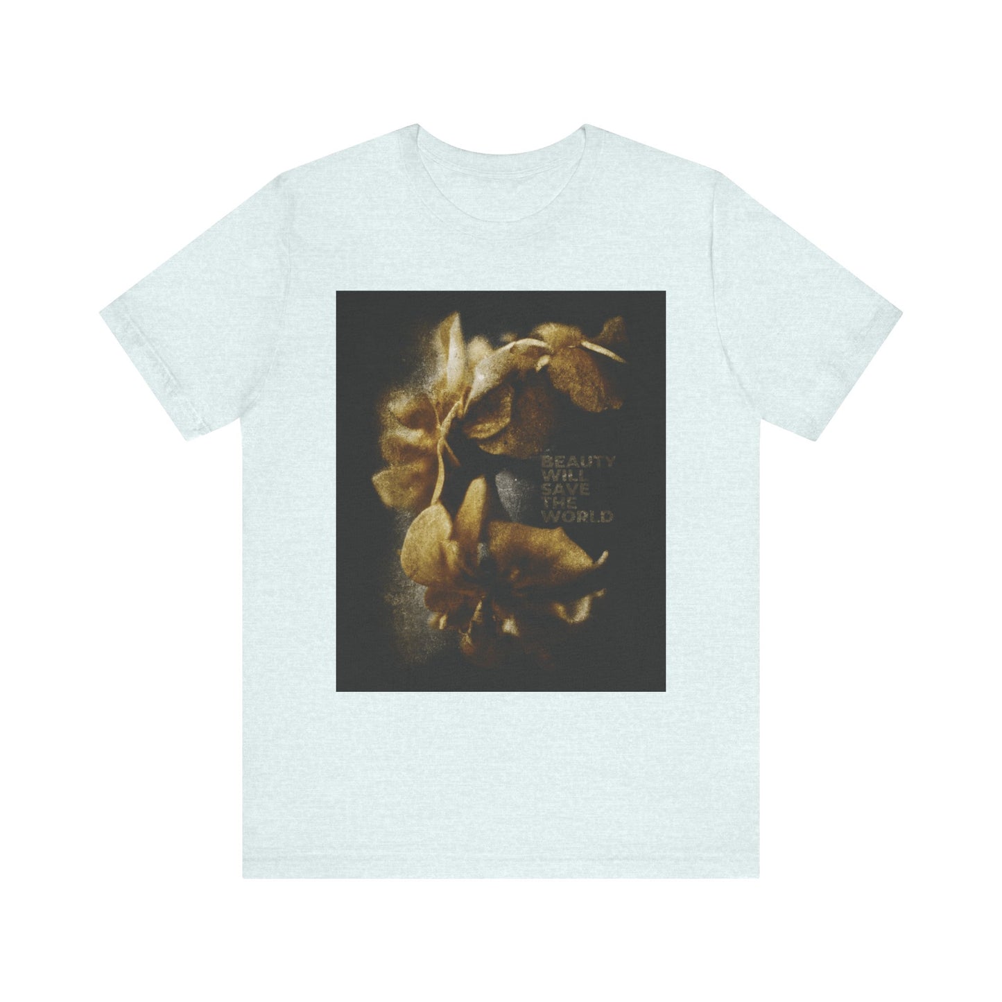 Heather Ice Blue unisex tee featuring a floral graphic inspired by kalos beauty and "BEAUTY WILL SAVE THE WORLD" text, celebrating Dostoevsky and glorifying Jesus Christ, Universal Creator & King. Lightweight cotton.