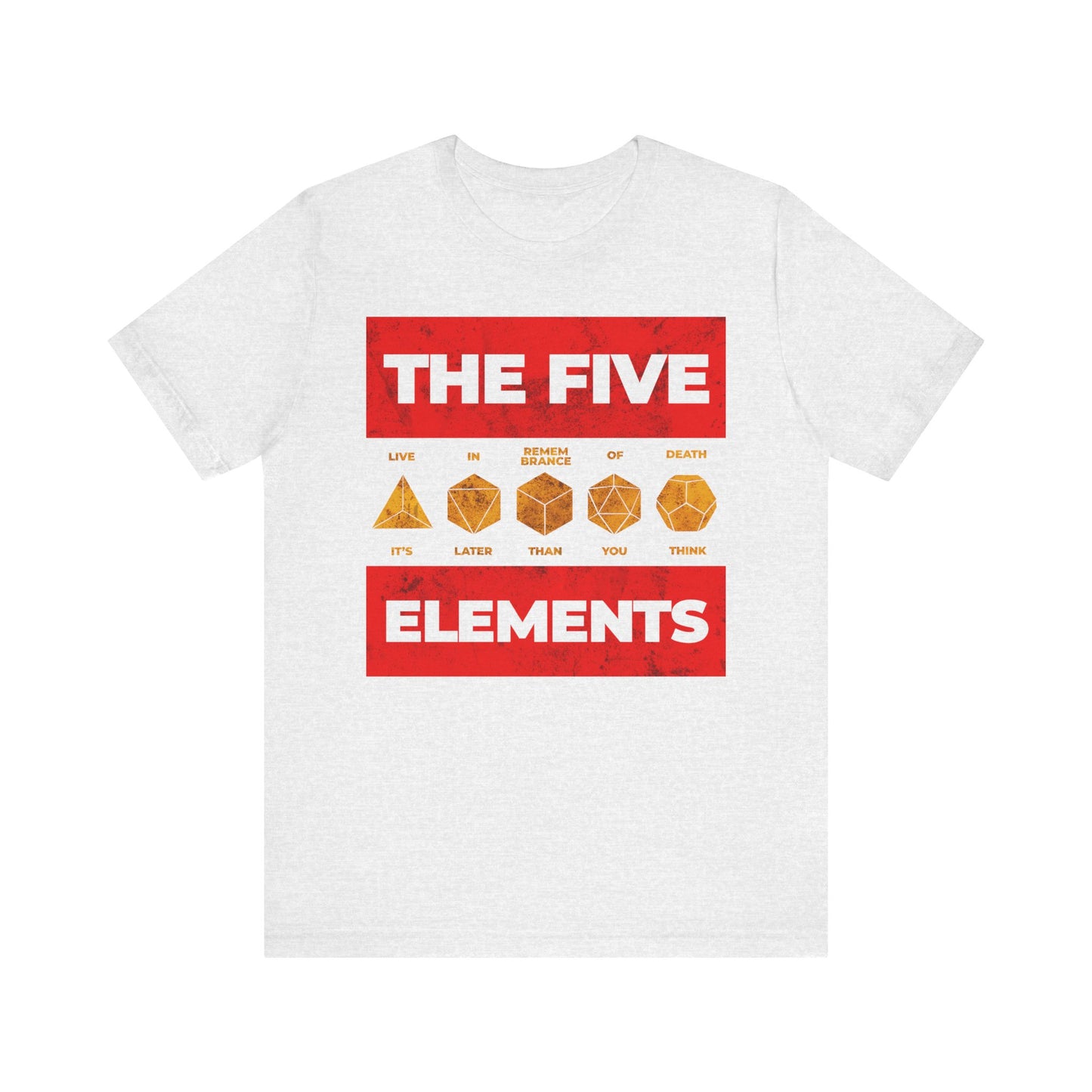 Ash t-shirt featuring red boxes that read THE FIVE ELEMENTS and gold Platonic solids above text—an understated allusion to St Ignatius Brianchaninov’s struggle against despondency.