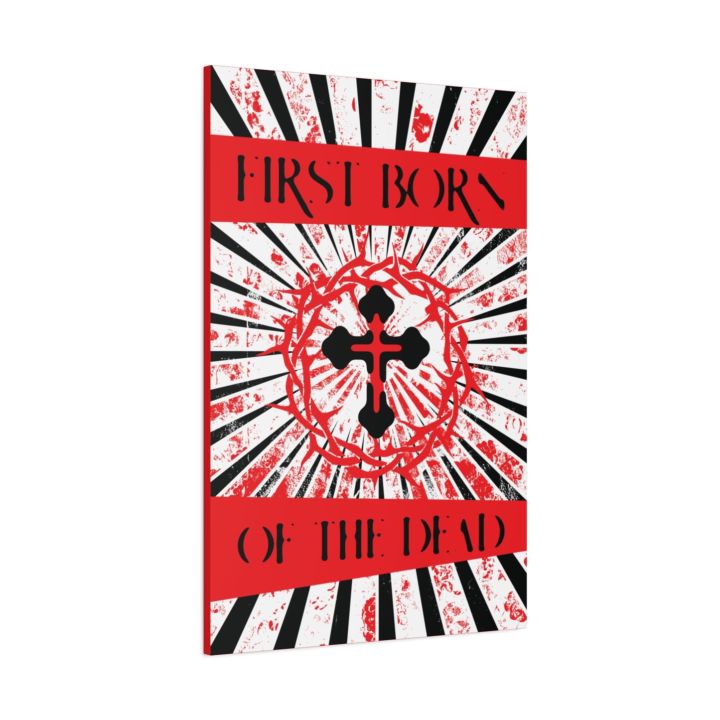 First Born of the Dead | Orthodox Cross and Crown of Thorns | Red White and Black Textured Design with Rays | Orthodox Christian Canvas Art