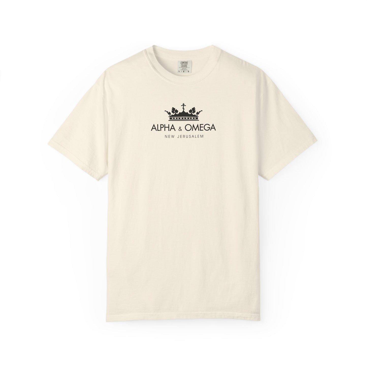 Ivory heavyweight cotton unisex T-shirt featuring a black crown with Orthodox cross design and “Alpha & Omega New Jerusalem” text on the chest, inspired by the mystical meaning of Christ as Alpha and Omega from Revelation.