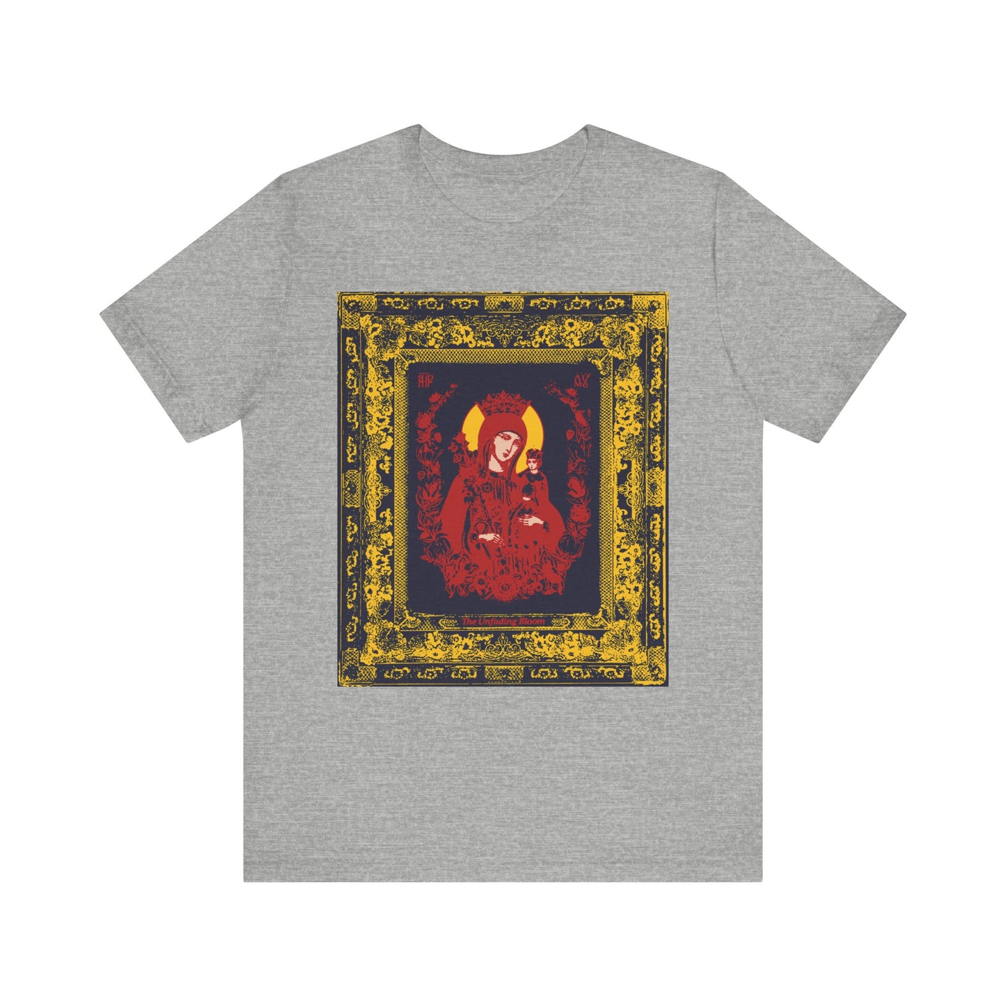 Athletic Heather Unfading Bloom Ornate Theotokos Iconographic Tee featuring a framed, ornate red and gold depiction of Mary, the Mother of God—revered in Orthodox Christian tradition and the Akathist hymn—on the back.