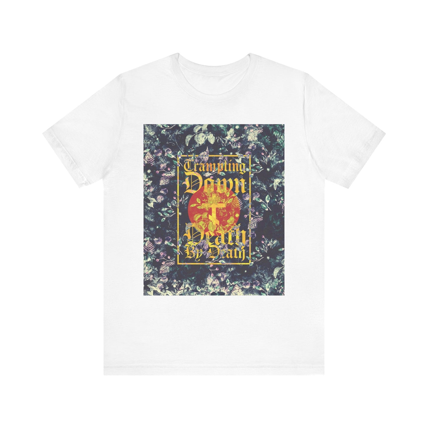White Orthodox lightweight cotton unisex tee featuring a Paschal floral background, yellow gothic script stating “Trampling Down Death By Death,” and a three-bar cross design—celebrating the spirit of the Akathist to Jesus and Christ’s victory as Conqueror.