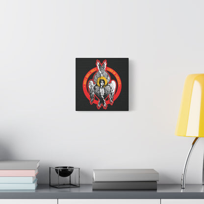 The "Holy Holy Holy, Lord of Sabaoth | Isaiah 6 | Orthodox Seraphim Angel IconoGraphic" Christian wall art hangs above a modern shelf, featuring an abstract seraphim design inspired by the unseen realm.