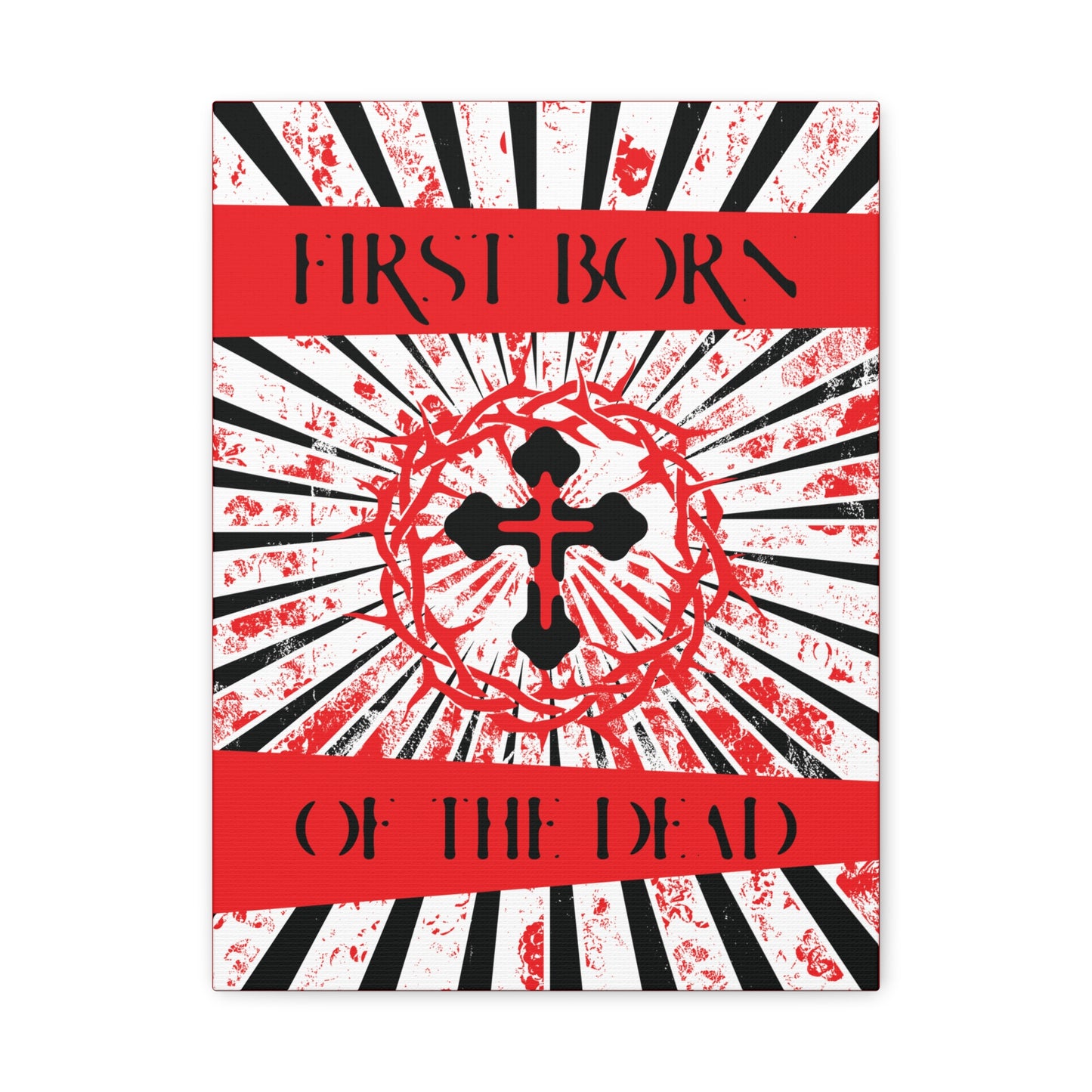 First Born of the Dead | Orthodox Cross and Crown of Thorns | Red White and Black Textured Design with Rays | Orthodox Christian Canvas Art
