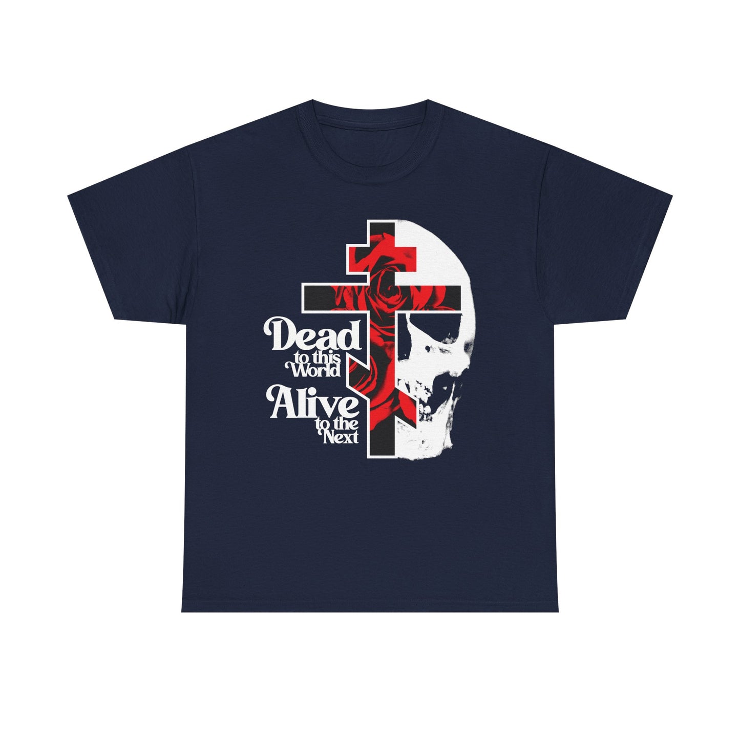 The Dead to this World Navy T-shirt features a Christian goth design with a flower cross, skull, 70s typography, and the message “Dead to this world, Alive to the next,” inspired by Orthodox teachings and the Ladder of Divine Ascent.