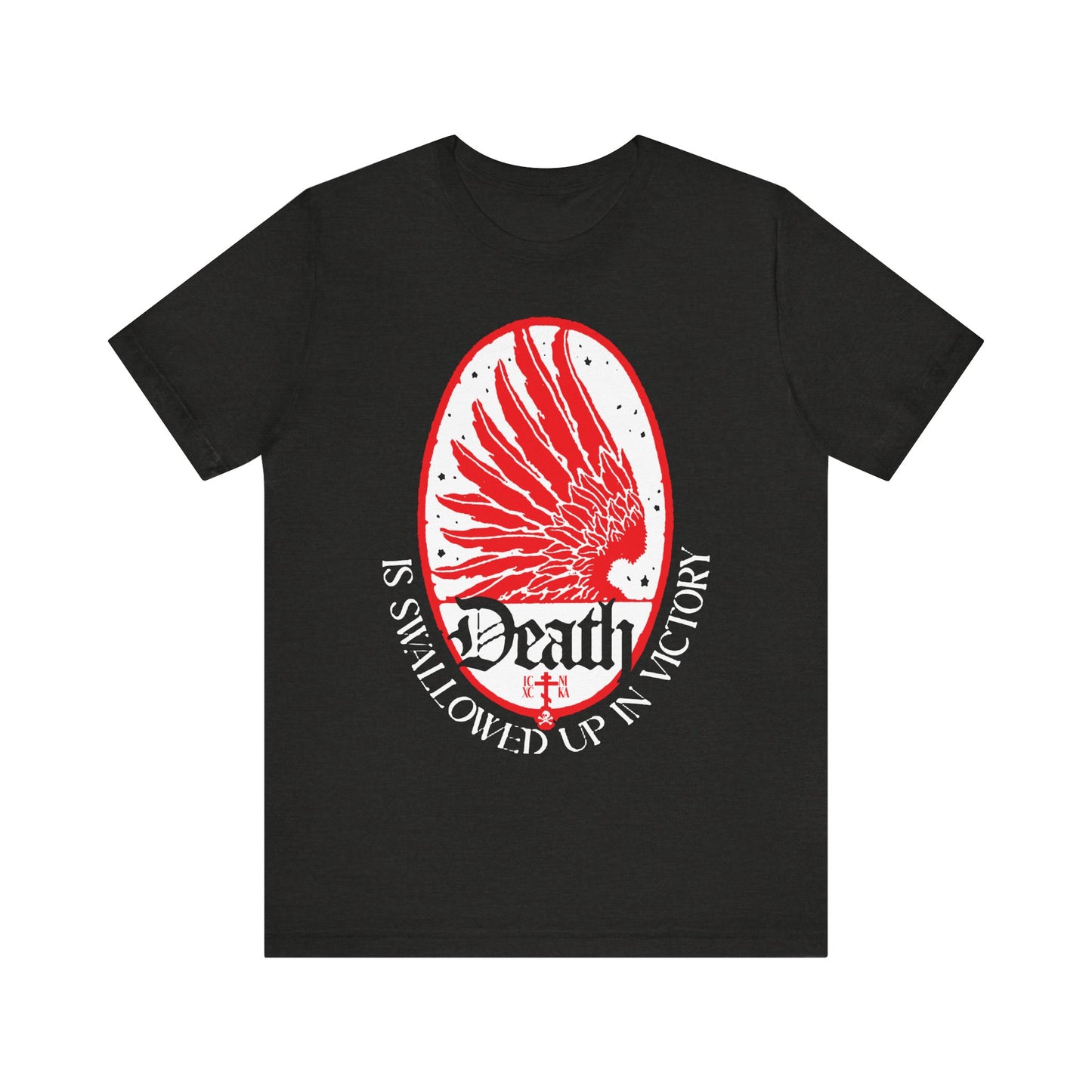 The Death is Swallowed Up In Victory Art Nouveau Eagle Wing & Stars Orthodox Christian tee in Black Heather boldly features a red wing, white “Death” and “is swallowed up in victory” text, symbolizing immortality and triumph over death.