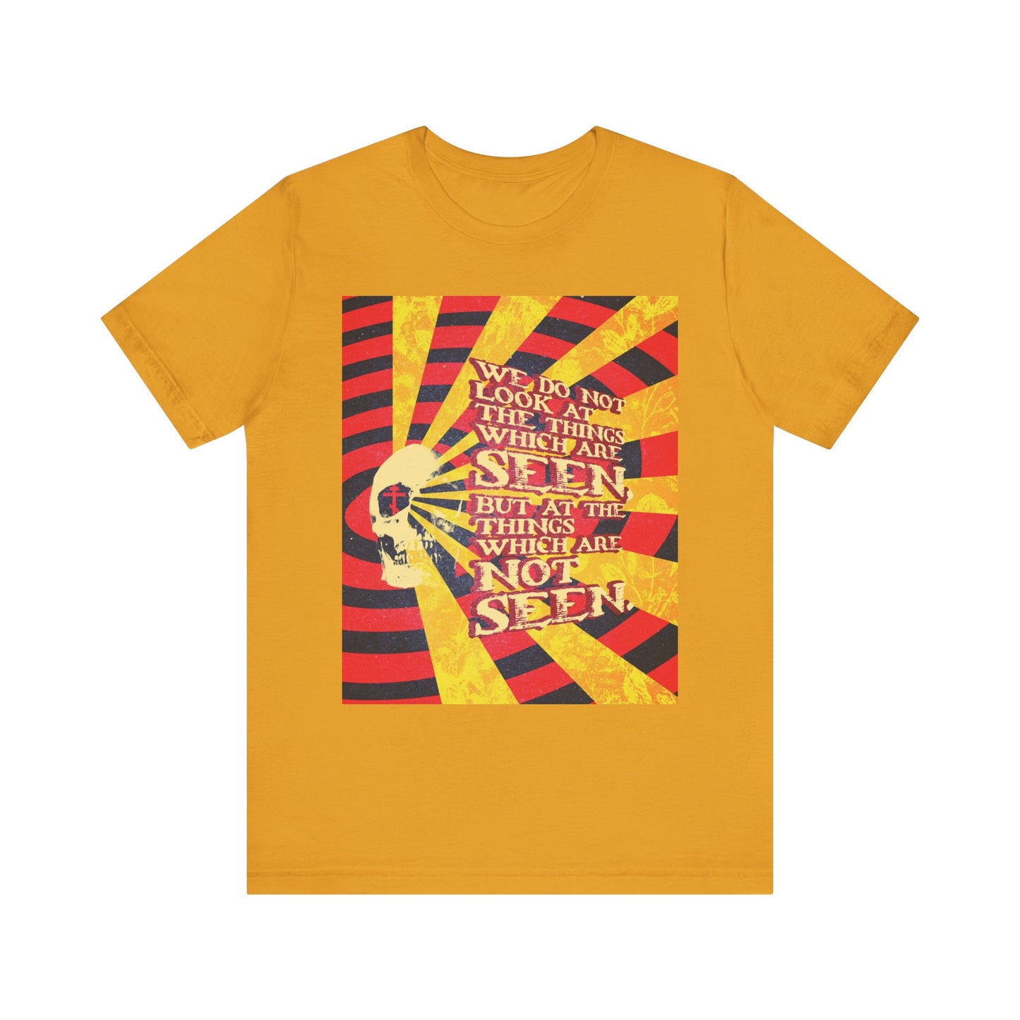 Show your faith in bold style with the "We Do Not Look at the Things Which Are Seen" mustard-colored lightweight cotton unisex tee. Inspired by 2 Corinthians 4:18 and styled with a skull and striking red rays in a Giallo horror movie poster aesthetic, this Orthodox Christian shirt features the message: "We do not look at things seen but at things not seen," reminding you to focus on spiritual riches and eternal life.