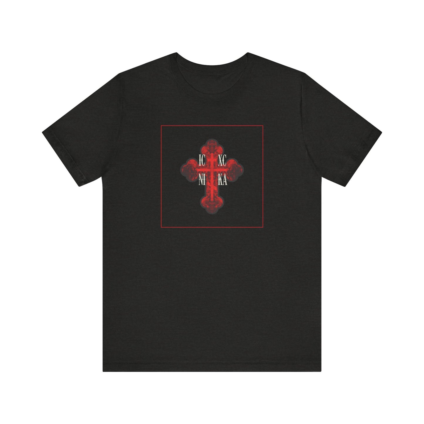 Black Heather unisex tee featuring a red glowing ornate Orthodox Cross with Cyrillic letters in a red square, symbolizing salvation. Lightweight cotton for comfort. Product: ICXC NIKA Red Glowing Orthodox Cross Tee.
