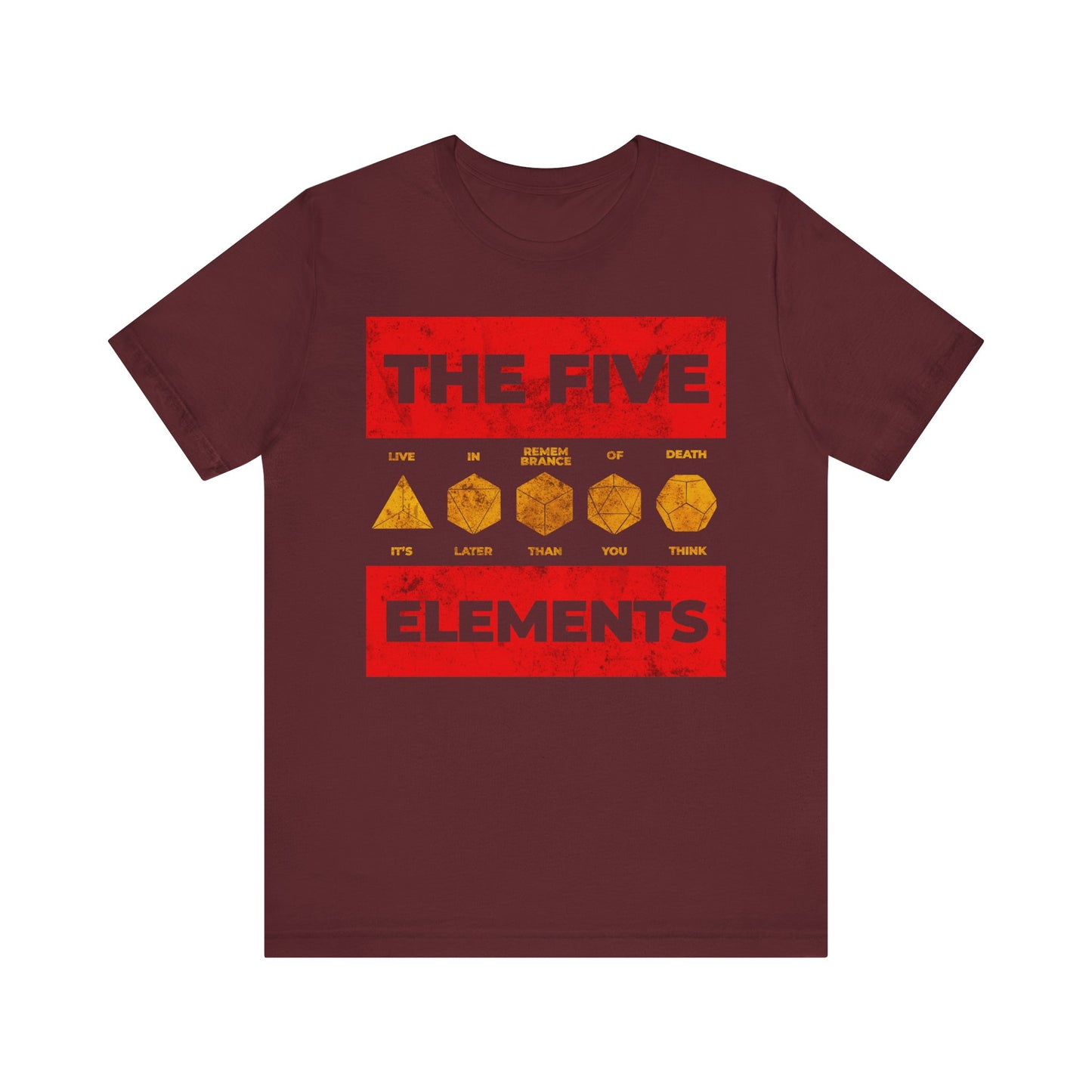 Maroon "The Five Elements | Platonic Solids | Live Remembrance of Death | It's Later Than You Think" Orthodox lightweight cotton unisex t-shirt featuring yellow icons and the text: "It's later than you think"—a subtle nod to St Ignatius Brianchaninov's teachings on the remembrance of death, the true enemy of despondency.