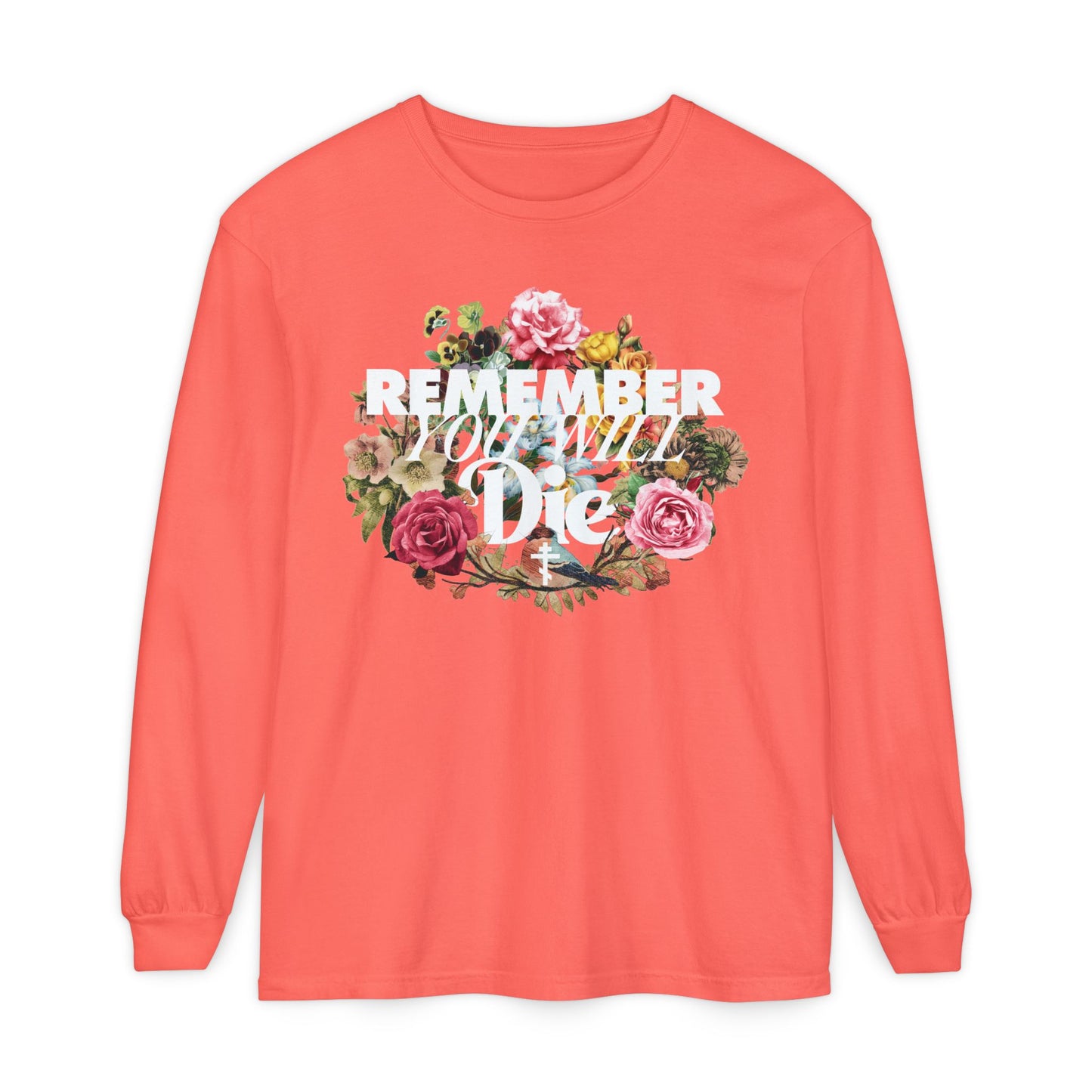 Bright Salmon long-sleeve cotton shirt featuring "Remember You Will Die," classic typography, a cross, and floral wreath design. Inspired by Orthodox Memento Mori tradition and St Ignatius Brianchaninov’s teachings.