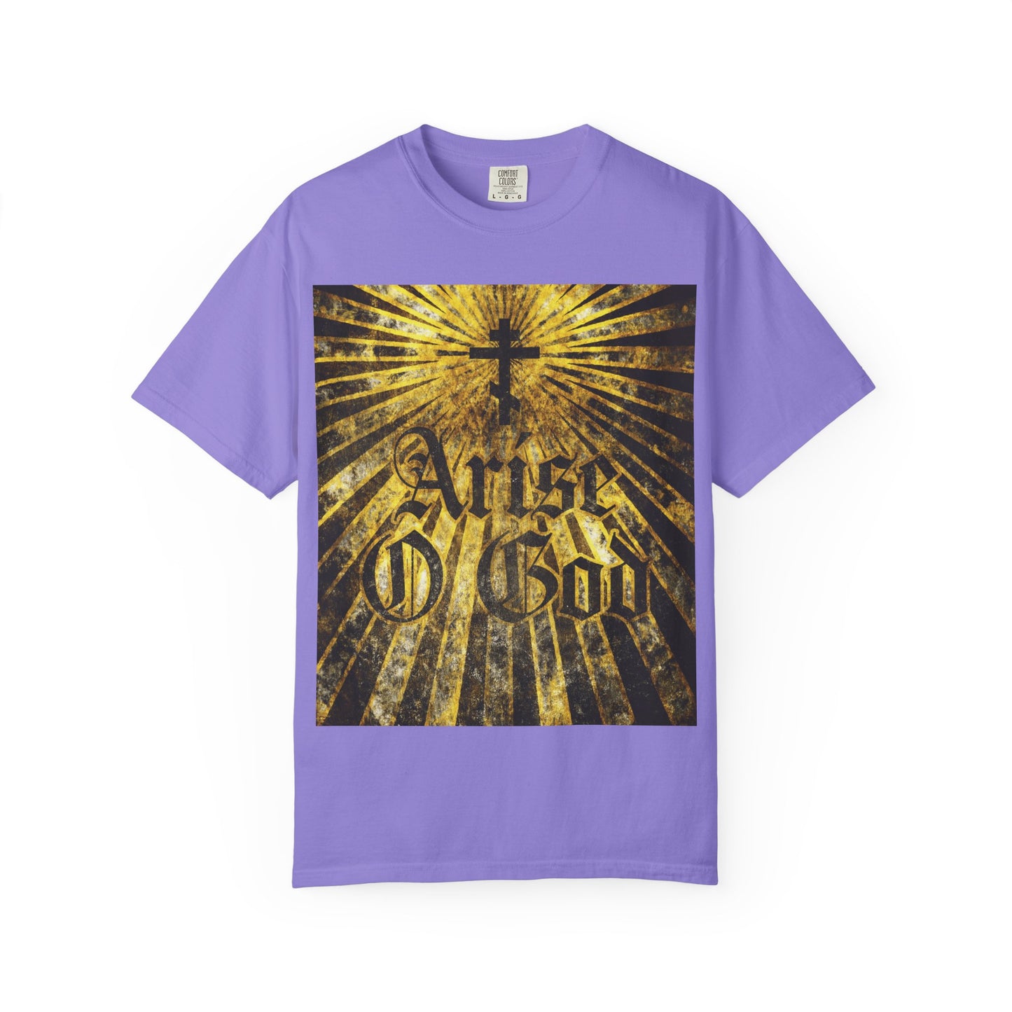 Arise O God | Psalm 81 (82 LXX) | Textured Gothic Font w/ Orthodox Cross & Golden Rays | Divine Council | Heavyweight Cotton Unisex T-Shirt