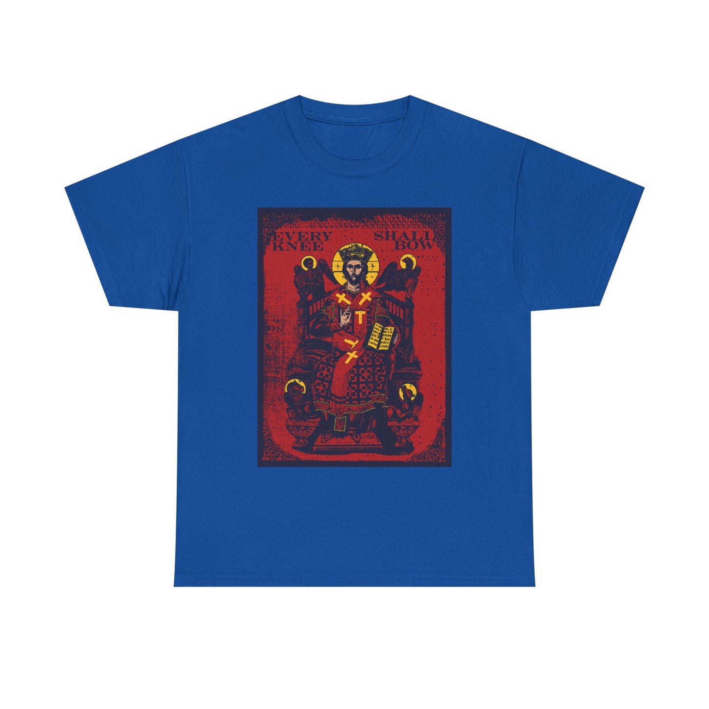 Royal Every Knee Shall Bow Christian Heavy Cotton T-Shirt featuring a bold Christ Enthroned IconoGraphic and Ezekiel's Chariot, inspired by Phil 2:8-11 & Isaiah 45:23.