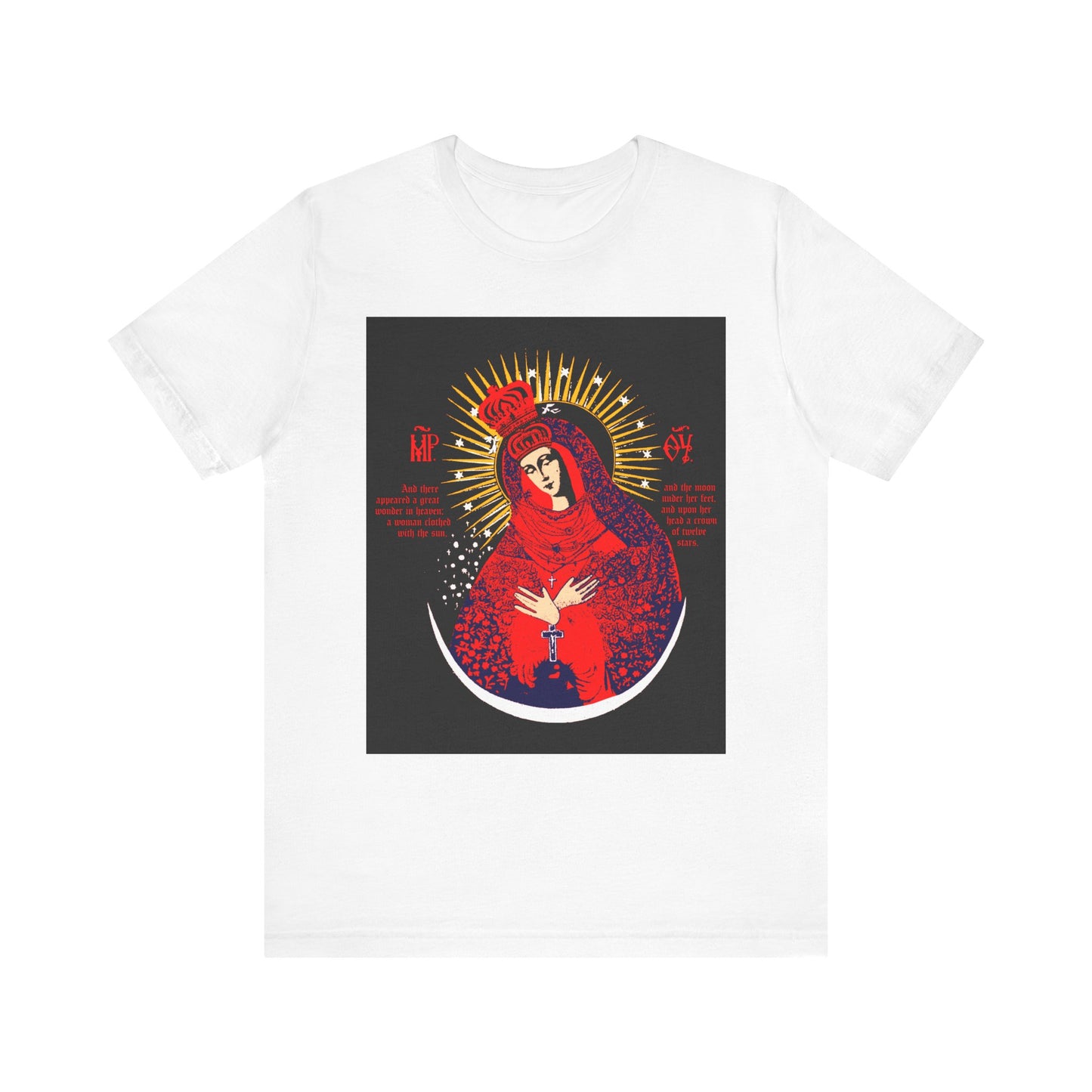 White unisex cotton t-shirt featuring a vibrant graphic of Our Lady the Gate of Dawn inspired by the Vilnius icon, with a crowned figure holding a bird, set against a dark background.