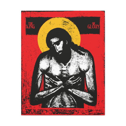 The King of Glory Jesus Christ "Extreme Humility" IconoGraphic features a stylized image with crossed arms, yellow halo, and red background; Christian devotional wall art in red, yellow, white, and black. Inspired by Isaiah 53.