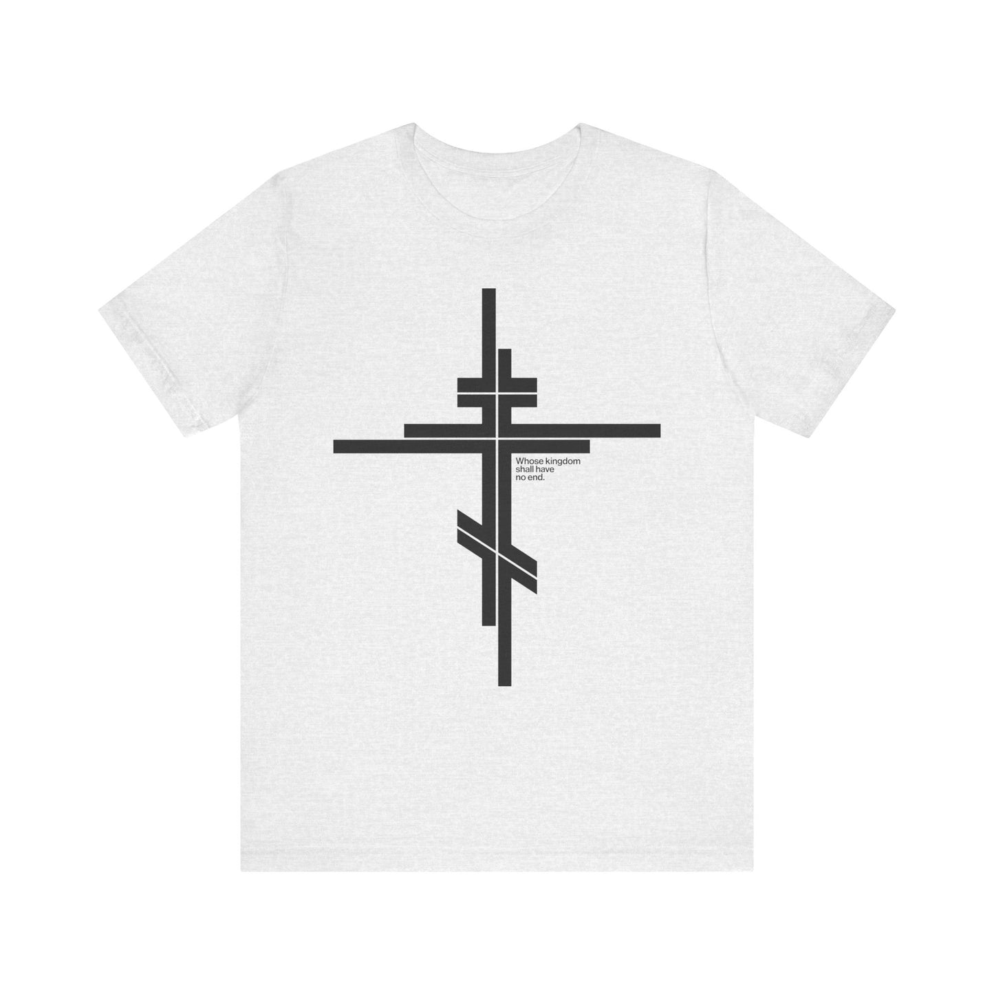 Ash-colored unisex t-shirt featuring a modernist minimalist Orthodox Cross design with subtle central text, inspired by Luke 1:32-33 and the enduring symbol of Christ's kingdom.