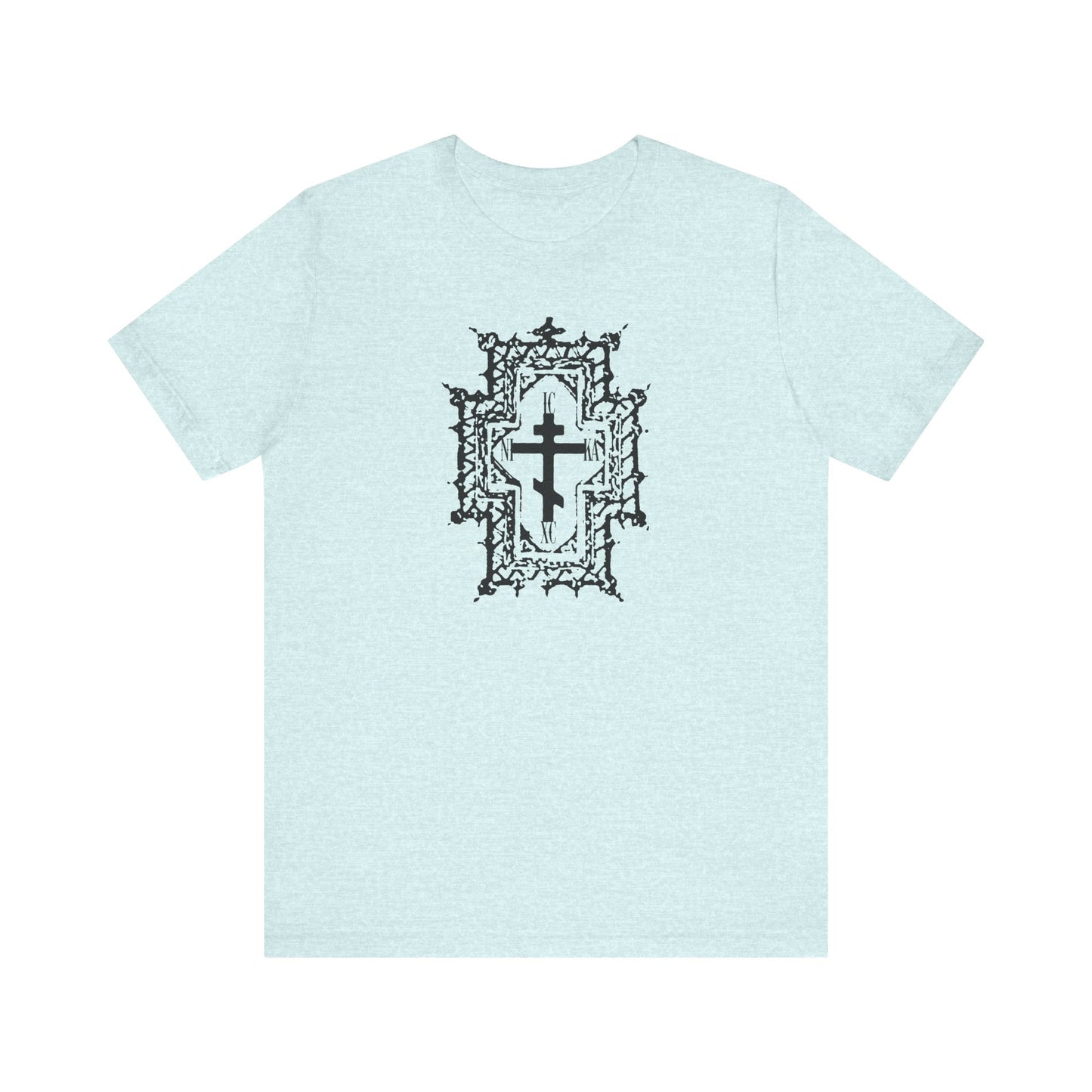 Heather Prism Ice Blue cotton tee featuring a gothic cathedral style Orthodox Cross with "ICXC NIKA" and "Healed By His Wounds" design, inspired by Jesus Christ's crown of thorns. Unisex, lightweight Christian apparel.