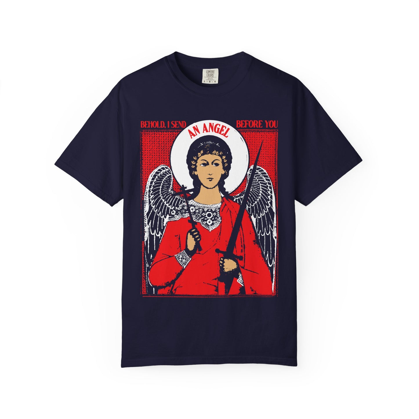 True Navy heavyweight cotton unisex tee featuring a guardian angel iconographic design with a cross and sword, inspired by Exodus 23:20. The text reads: “Behold, I send an angel before you.” A meaningful Christian gift symbolizing divine protection and guidance in the Orthodox tradition.