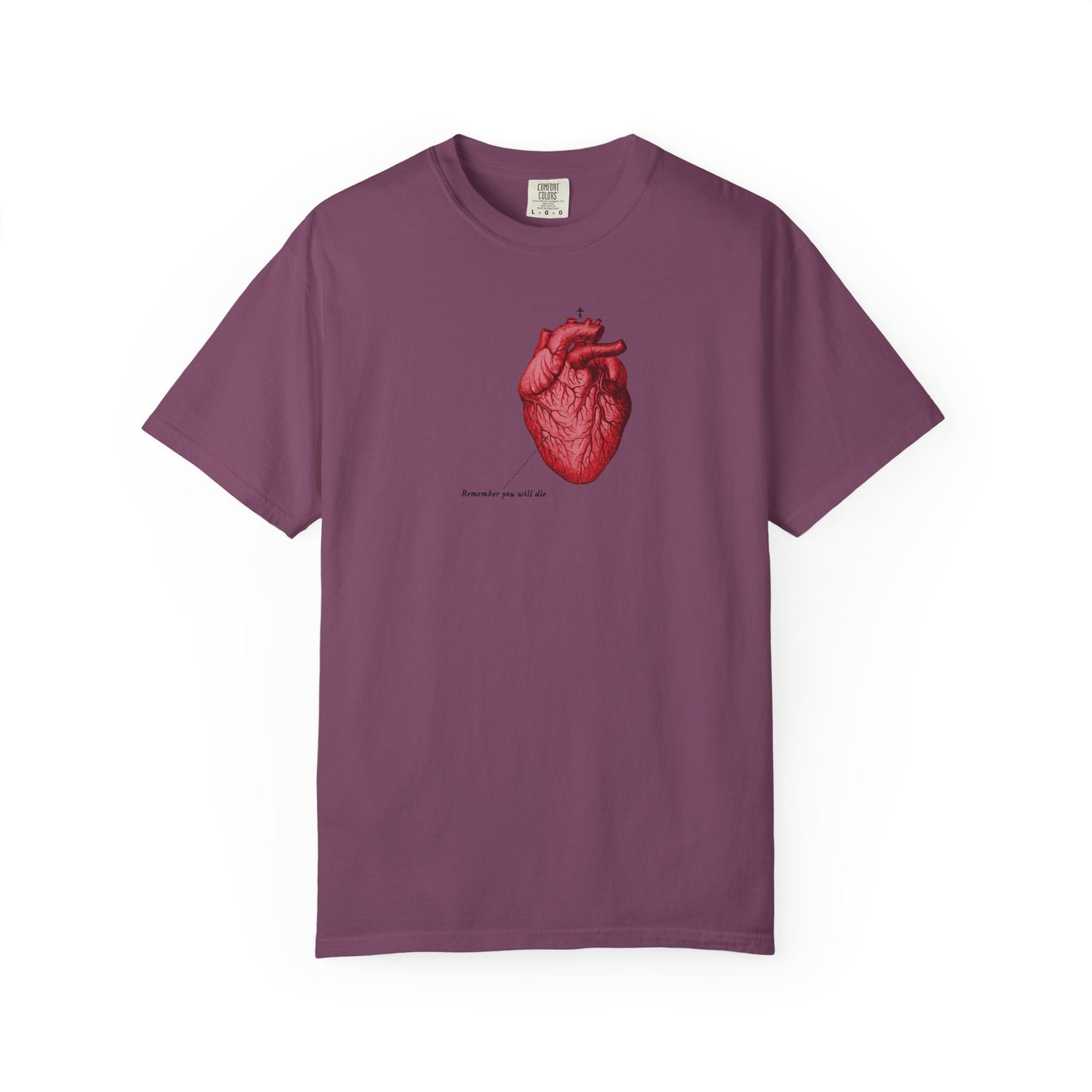 Berry unisex t-shirt with a retro medical heart graphic and “Remember You Will Die” text—memento mori theme, heavyweight cotton.