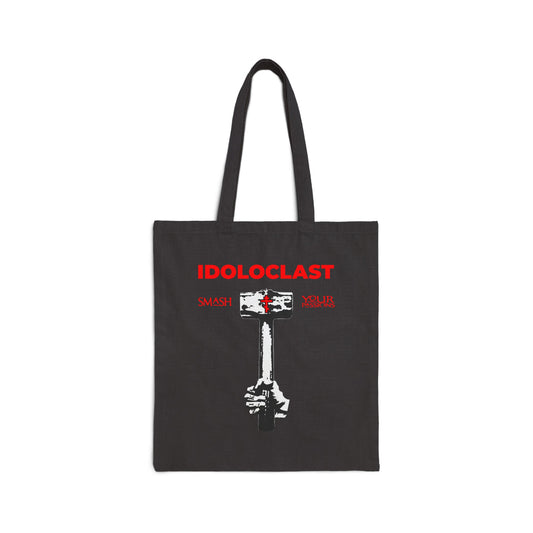 Black "Idoloclast Idol-Smasher" tote bag with "Jesus Fist w/ Sledgehammer" graphic and bold red ICXC NIKA text—celebrate Orthodox Christian asceticism and smash your passions with this striking design.