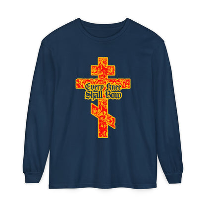 Navy long sleeve featuring a gold and red floral Orthodox cross with "Every Knee Shall Bow" in Gothic lettering, inspired by Isaiah 45:22-24 & Philippians 2:7-11. Christian design blends faith and style.