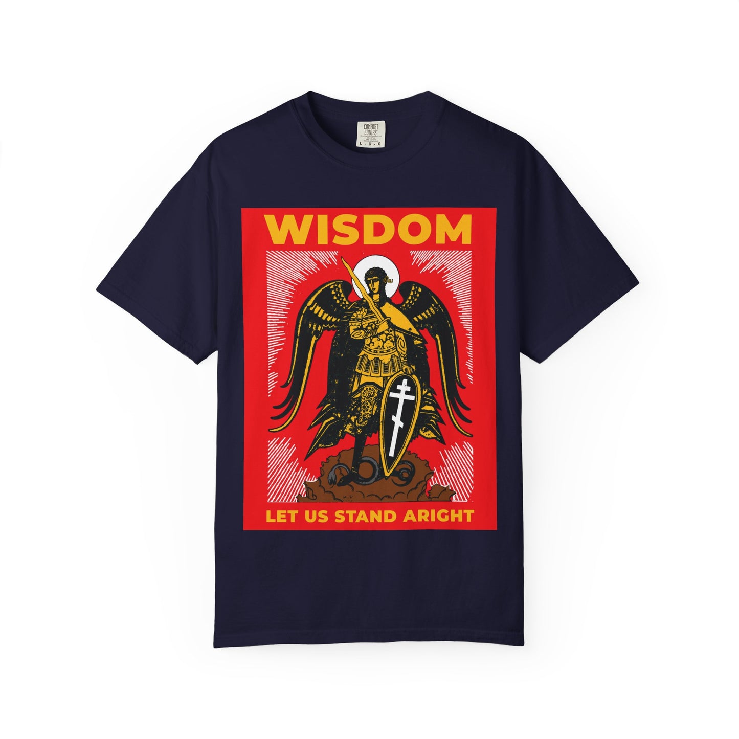 True Navy tee featuring a Russian illustration of Archangel Michael the Warrior with shield and sword, WISDOM and LET US STAND ARIGHT text, inspired by Revelation 12. Heavyweight cotton Orthodox unisex shirt.