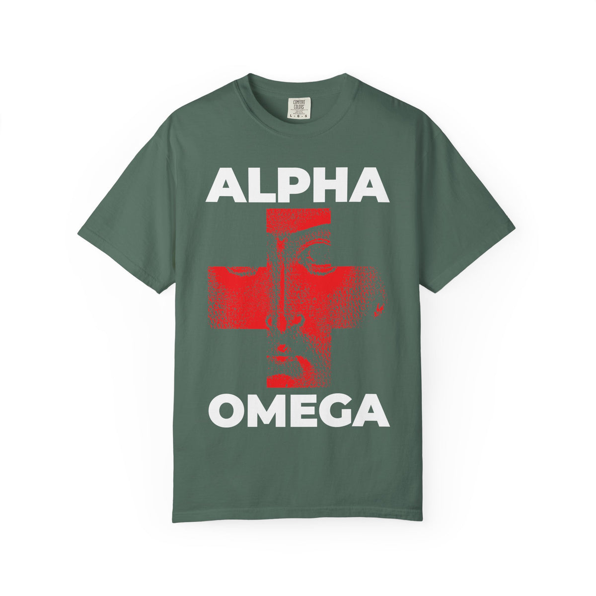 Blue Spruce T-shirt featuring “I Am The Alpha + The Omega, The Beginning + The End (Rev 1:8)” with ALPHA above, OMEGA below, and Christ’s face in a red cross iconographic design at the center—celebrating the divine names and the powerful message: I Am Who I Am.