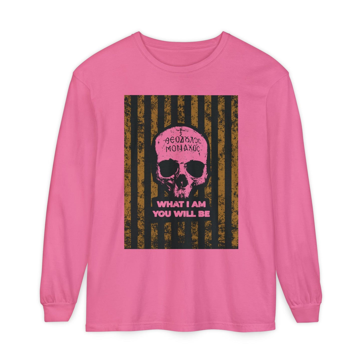 Crunchberry long-sleeve cotton shirt with a pink skull and "What I Am You Will Be" text, inspired by Memento Mori and Mt Athos ascetic ethos, honoring the teachings on remembrance of death.