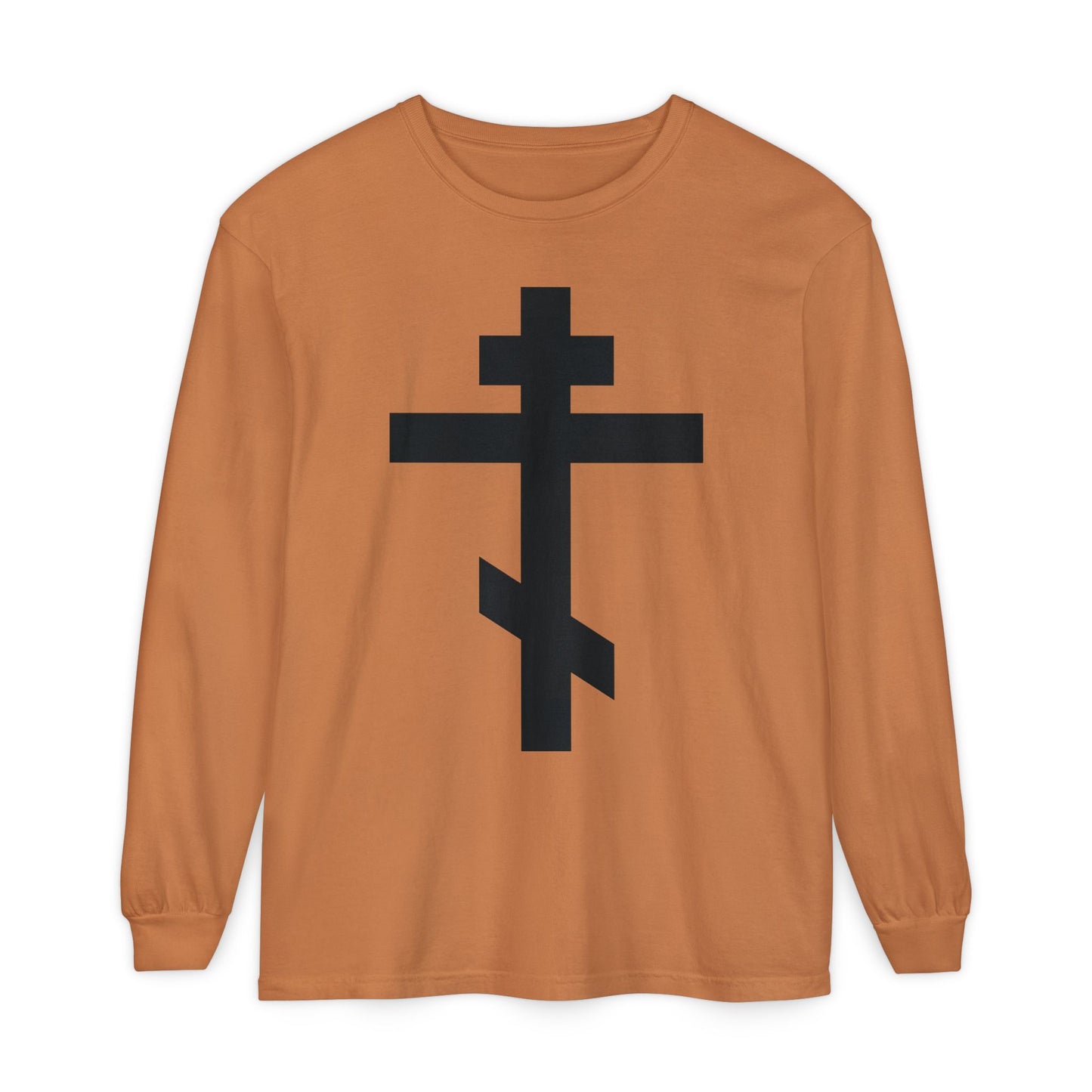Yam-colored long-sleeve shirt featuring a large black Orthodox cross and Galatians 6:14: "May I never boast, except in the cross of our Lord Jesus Christ.
