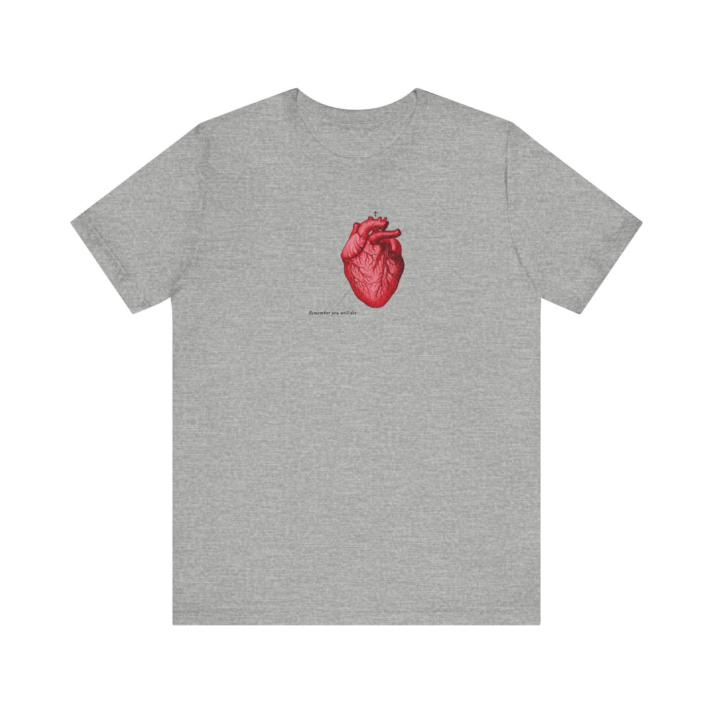 Athletic Heather unisex tee featuring a retro medical heart graphic, Orthodox cross, and "Remember You Will Die" with memento mori text at the center chest. Lightweight cotton.