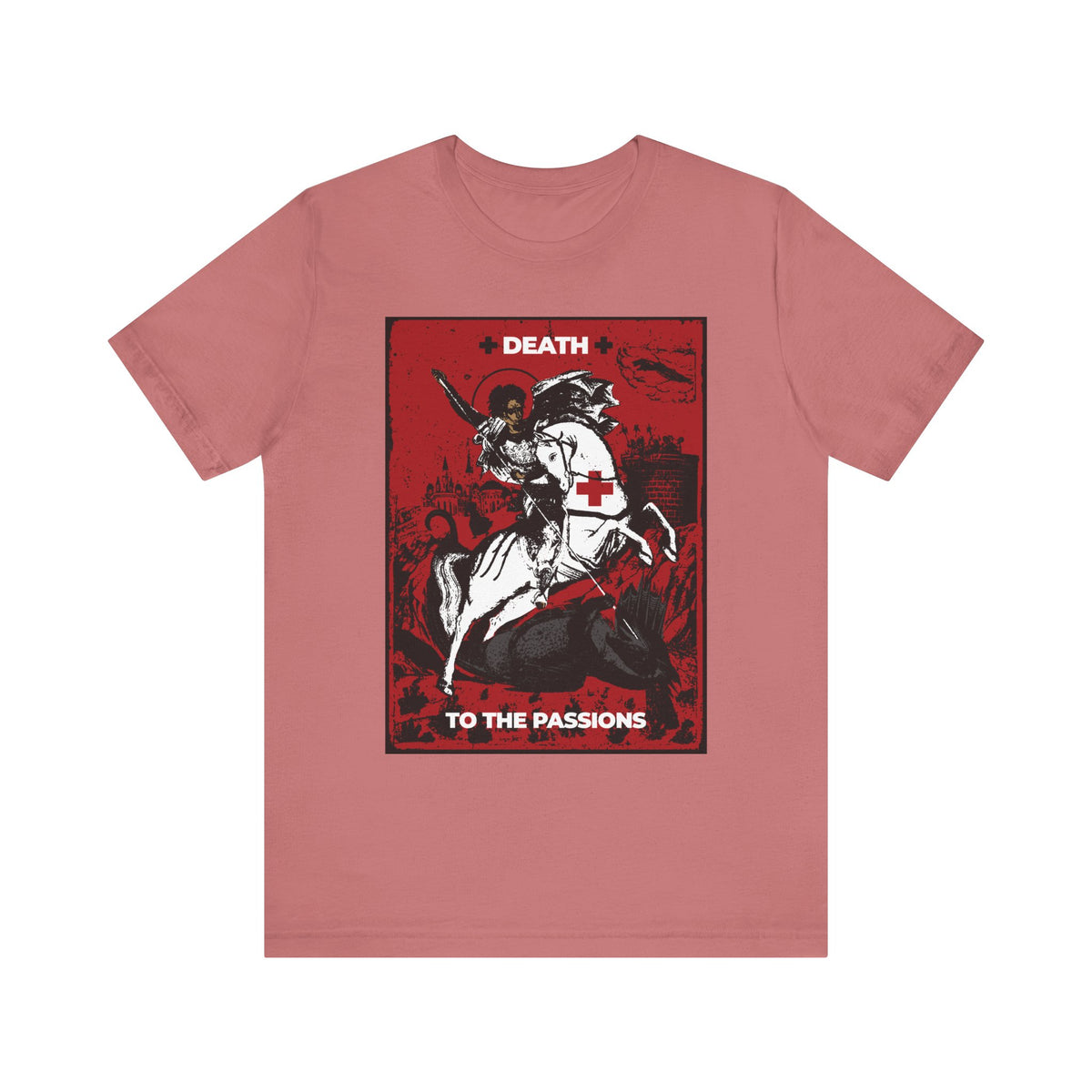 Mauve “St George Slaying the Dragon | Death to the Passions” lightweight cotton unisex T-shirt featuring striking artwork of St George defeating the dragon—a powerful ascetic Orthodox Christian symbol inspiring you to conquer passions and overcome harmful desires.