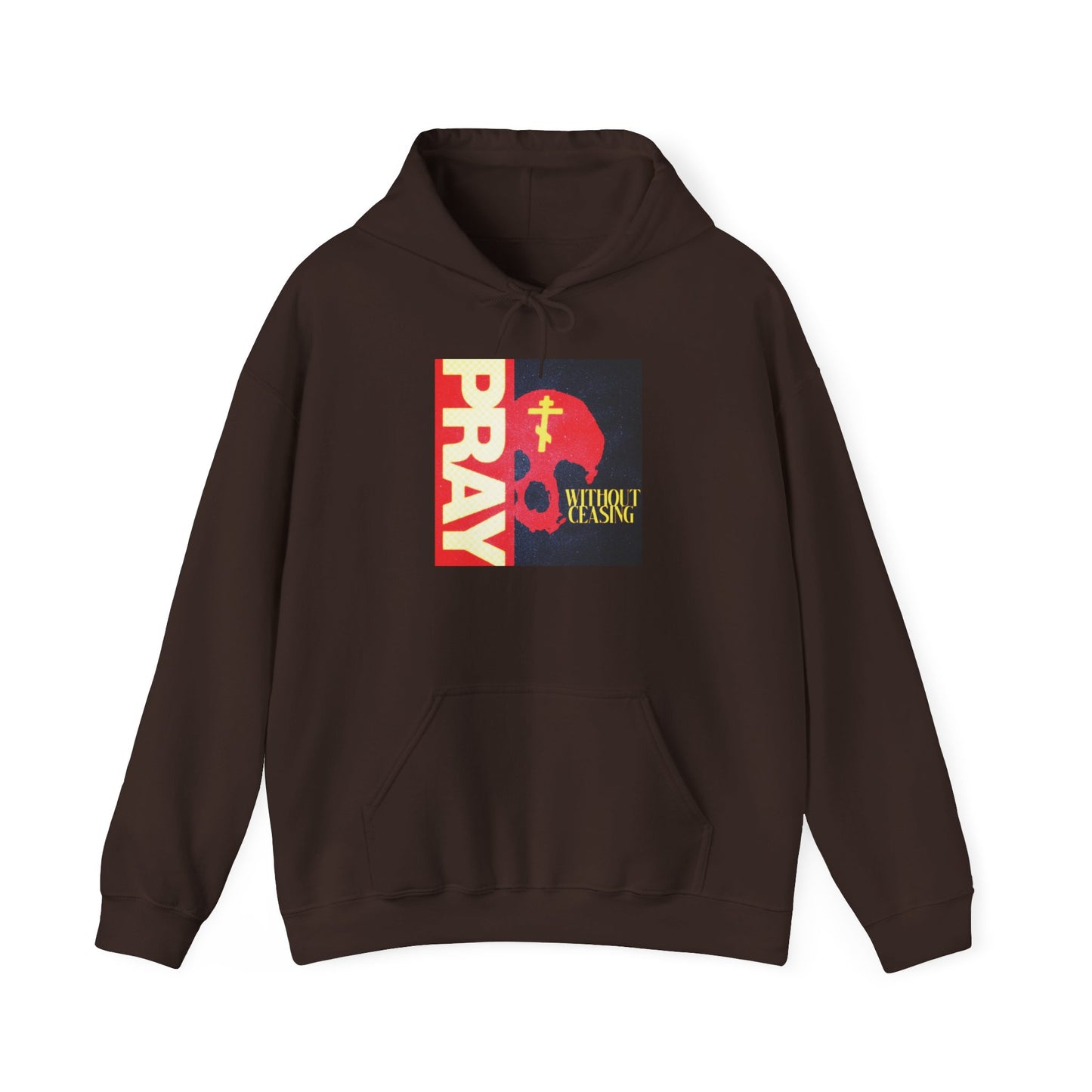Pray Without Ceasing (1 Thess 5:16) | Red Skull w/ Yellow Orthodox Cross | Orthodox Christian Hoodie / Hooded Sweatshirt